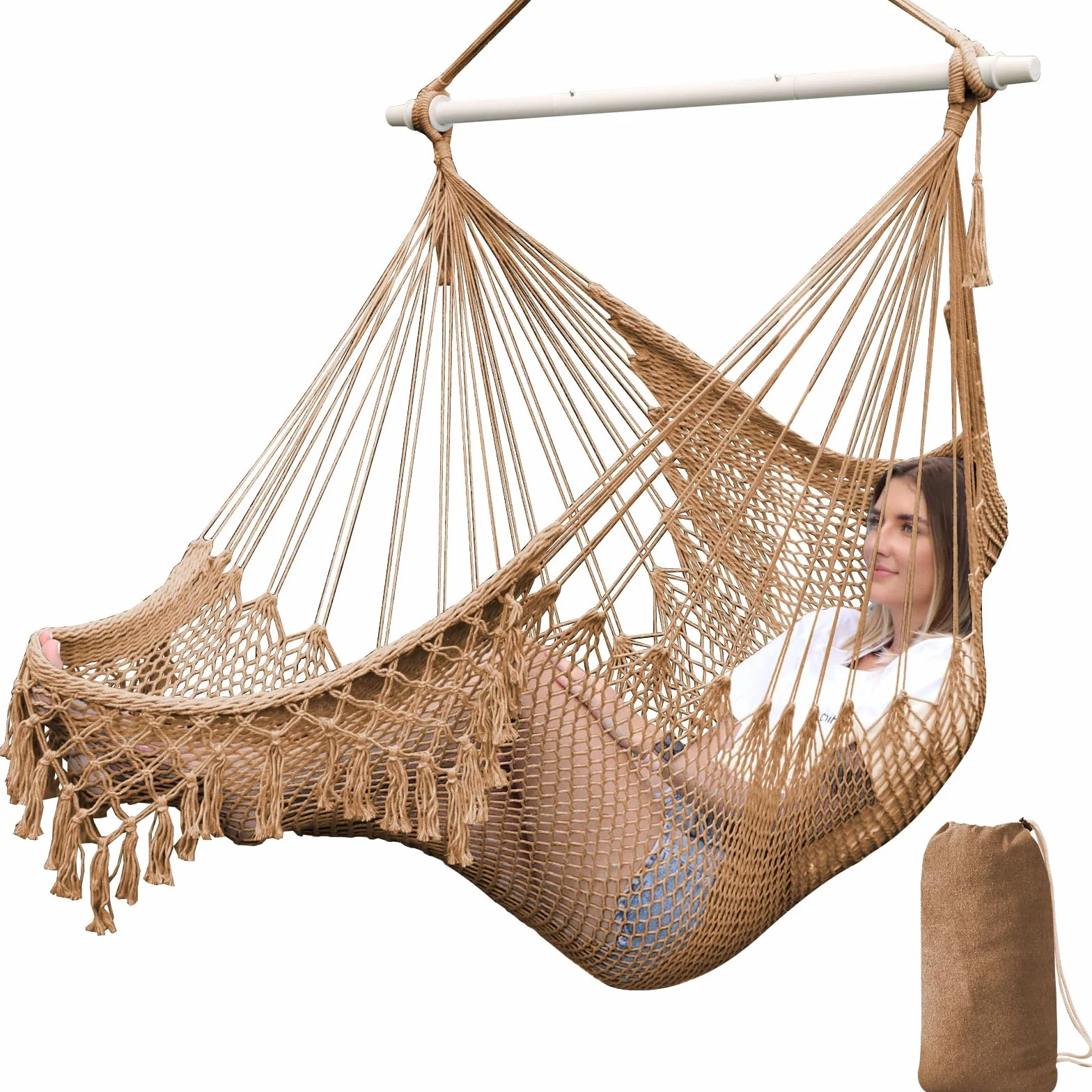Chihee Chaise Hamac Suspendue Très Grand Coton Tissé Doux Barre Écartement Métal Solide Pliable Chaise Balançoire Dentelle Siège Large Extensible
