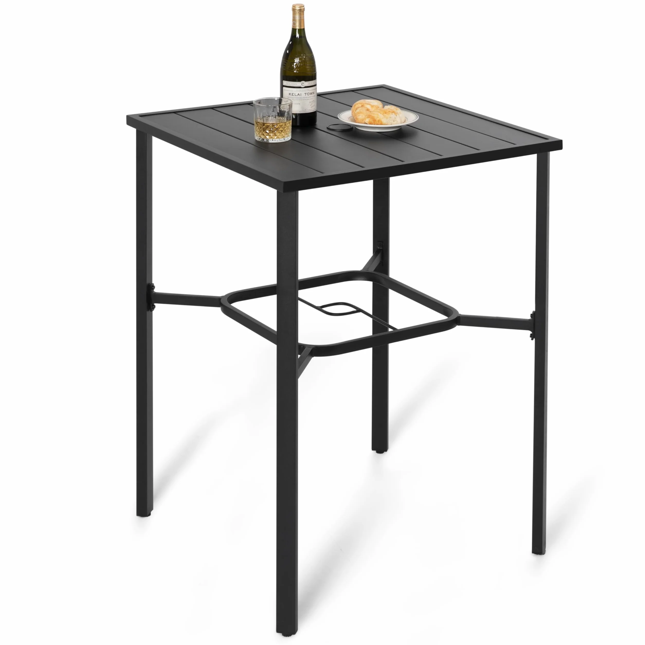 Avestar Table Haute d'extérieur Carrée 71 cm avec Trou à Parasol 4,3 cm Plateau à Lattes Structure métallique Revêtement poudré Noir