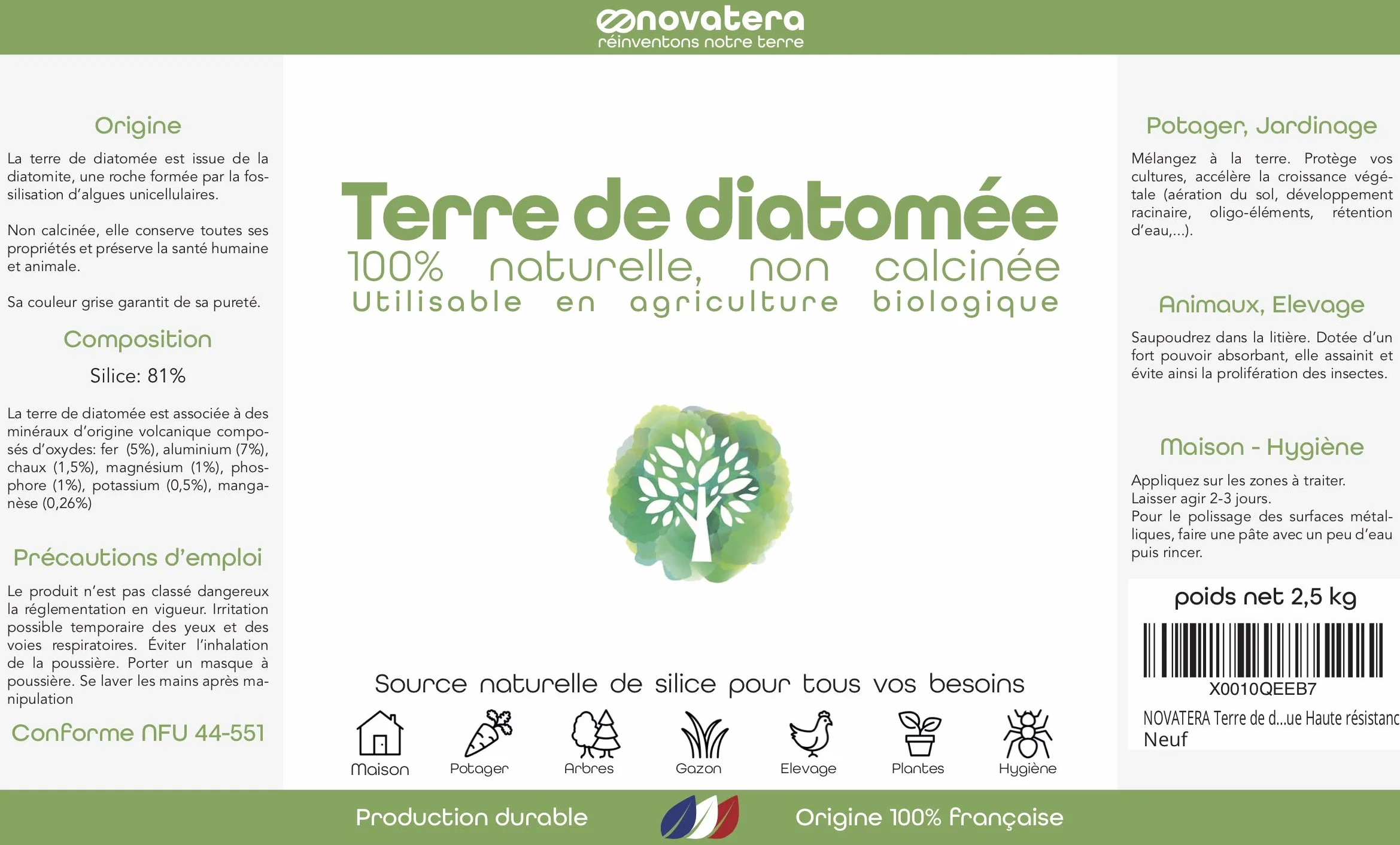 NOVATERA Terre de Diatomée 100% Naturelle Française Ultrapure Non Calcinée Ecocert 5kg