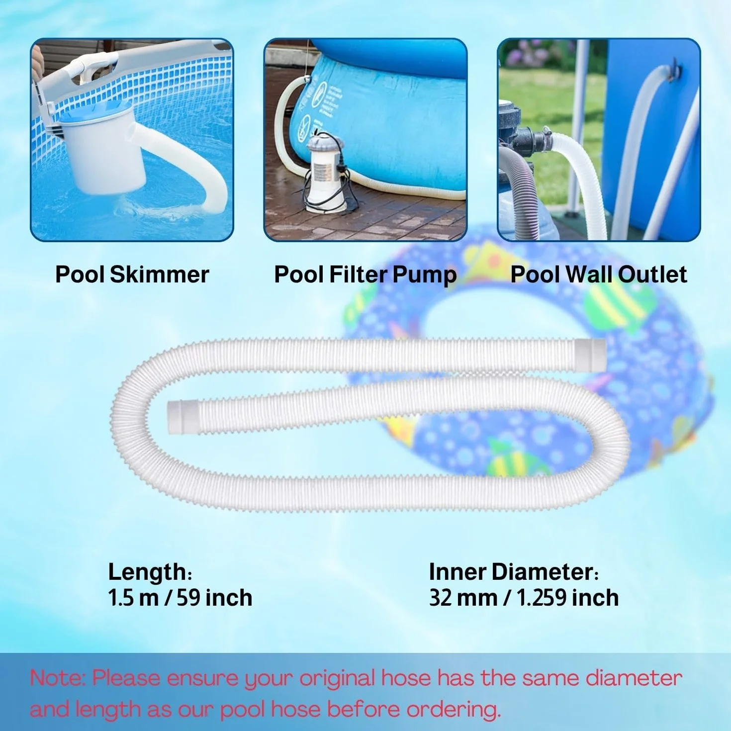 Tuyau Piscine 32mm – 2x Tuyau Flexible avec 4 Clips de Sécurité et 1 Raccord Universel – Compatible avec Toutes les Pompes de Filtration – Installation Facile – Pour Piscines, Spas, Aquariums