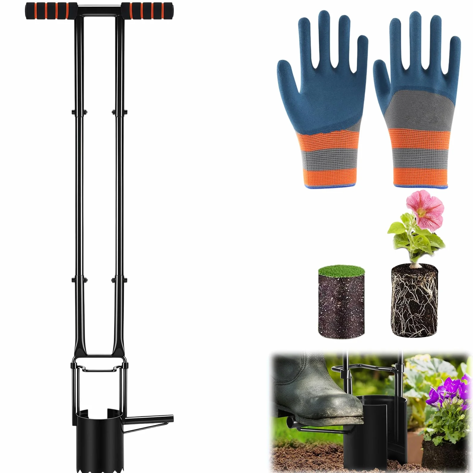 Planteur de Bulbes de 95 cm avec Gants, Profondeur de 11.9 cm, Aide à la Plantation avec Bord en Dents de Scie, Aérateur d'ampoule pour Tulipes, Jonquilles, Oignons, Pommes de Terre, Tomates