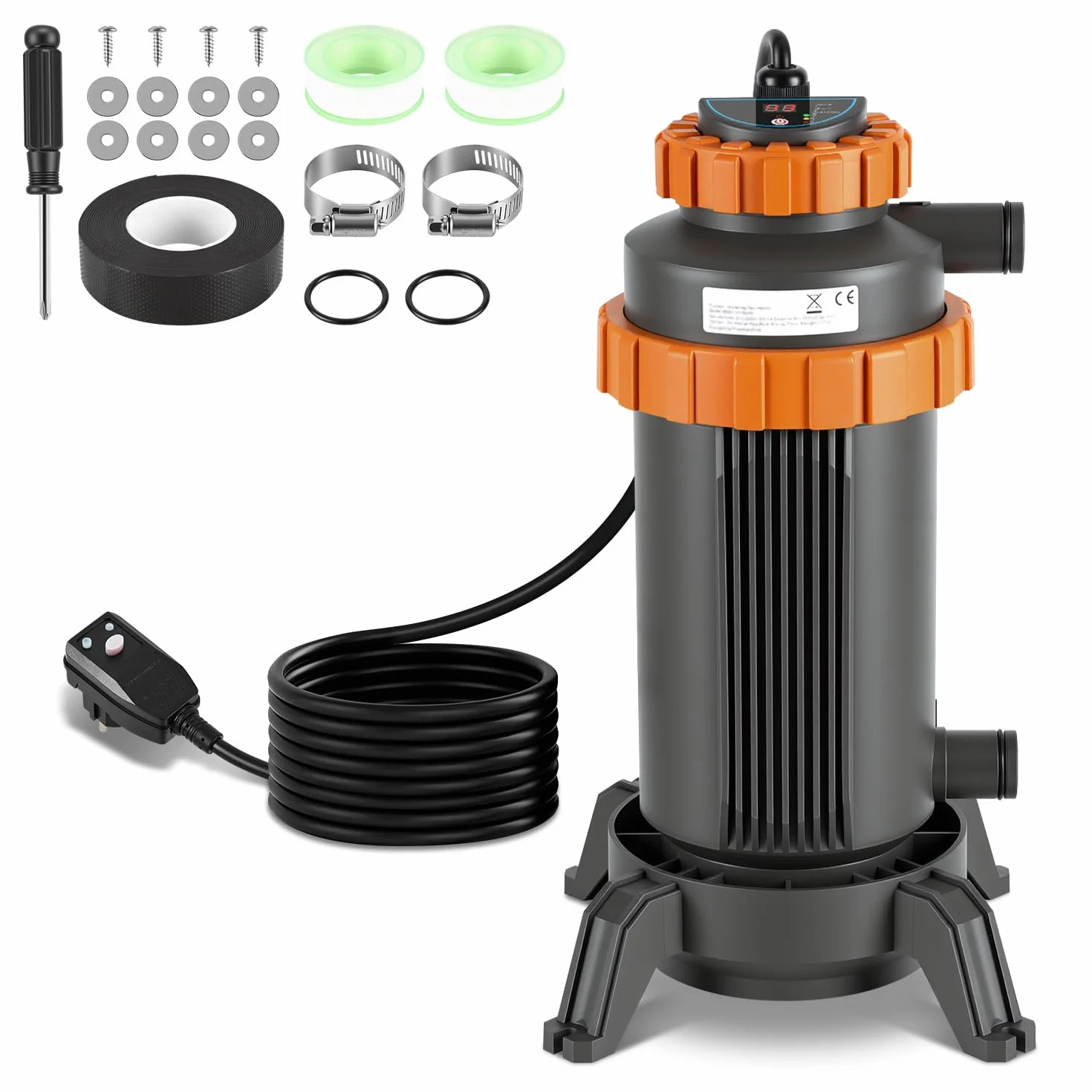 Chauffage électrique de piscine 3 kW, 17x42 cm, raccord 32-38 mm, protection fuites, 45 °C