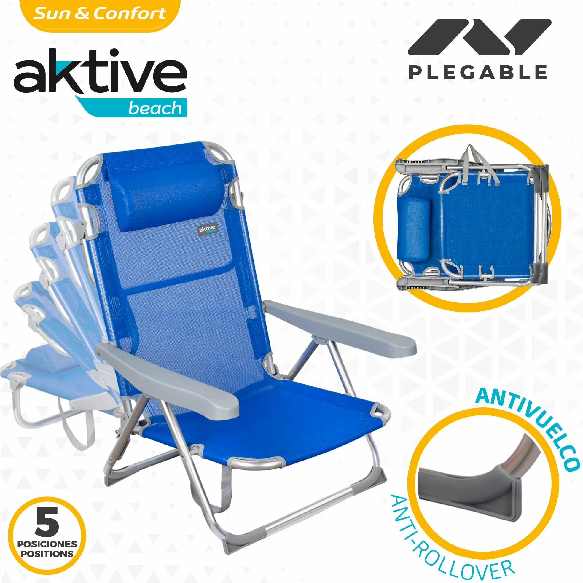 AKTIVE Beach - Lot de 2 Chaises de Plage Pliantes Gomera, Multipositions avec Dossier Réglable, Coussin, Protections Anti-Renversement et Poignée de Transport, 48 X 60 X 90 cm, Bleu