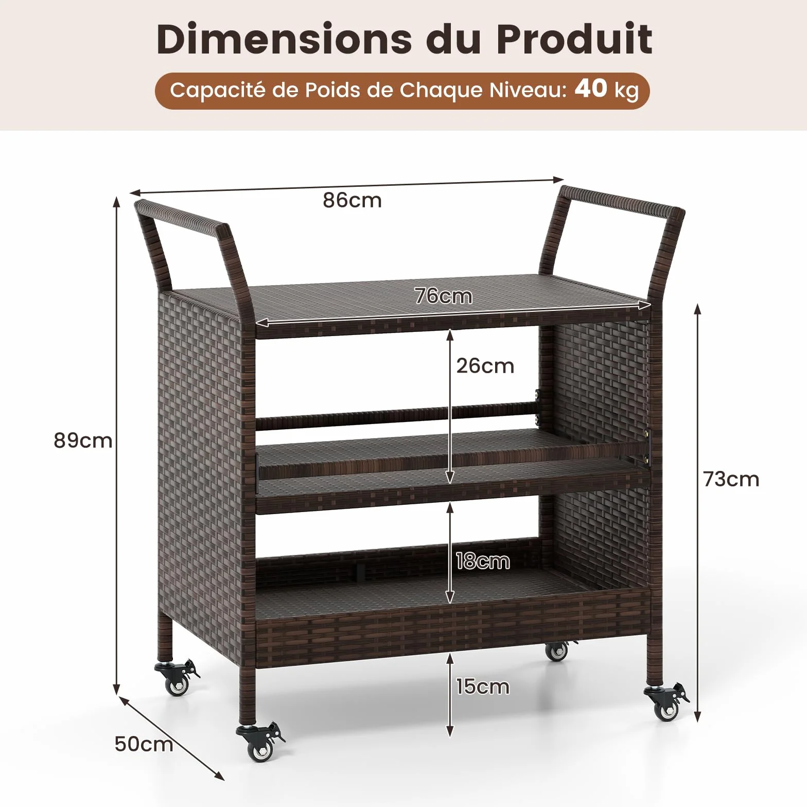 COSTWAY Chariot de Bar Extérieur, Chariot à roulettes en Rotin 3 Niveaux, Table de Service sur Roues pour Jardin