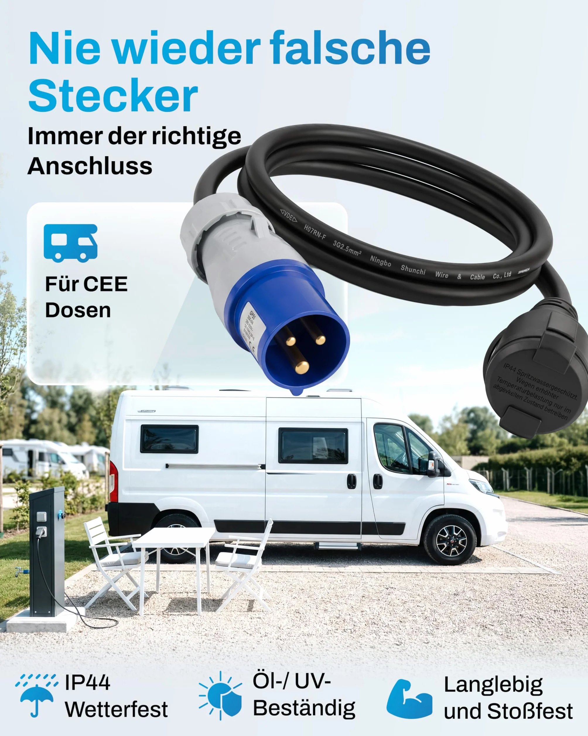 Adaptateur CEE mâle vers Prise Schuko Femelle 1,5m IP44 H07RN-F 3G2,5 230V 16A