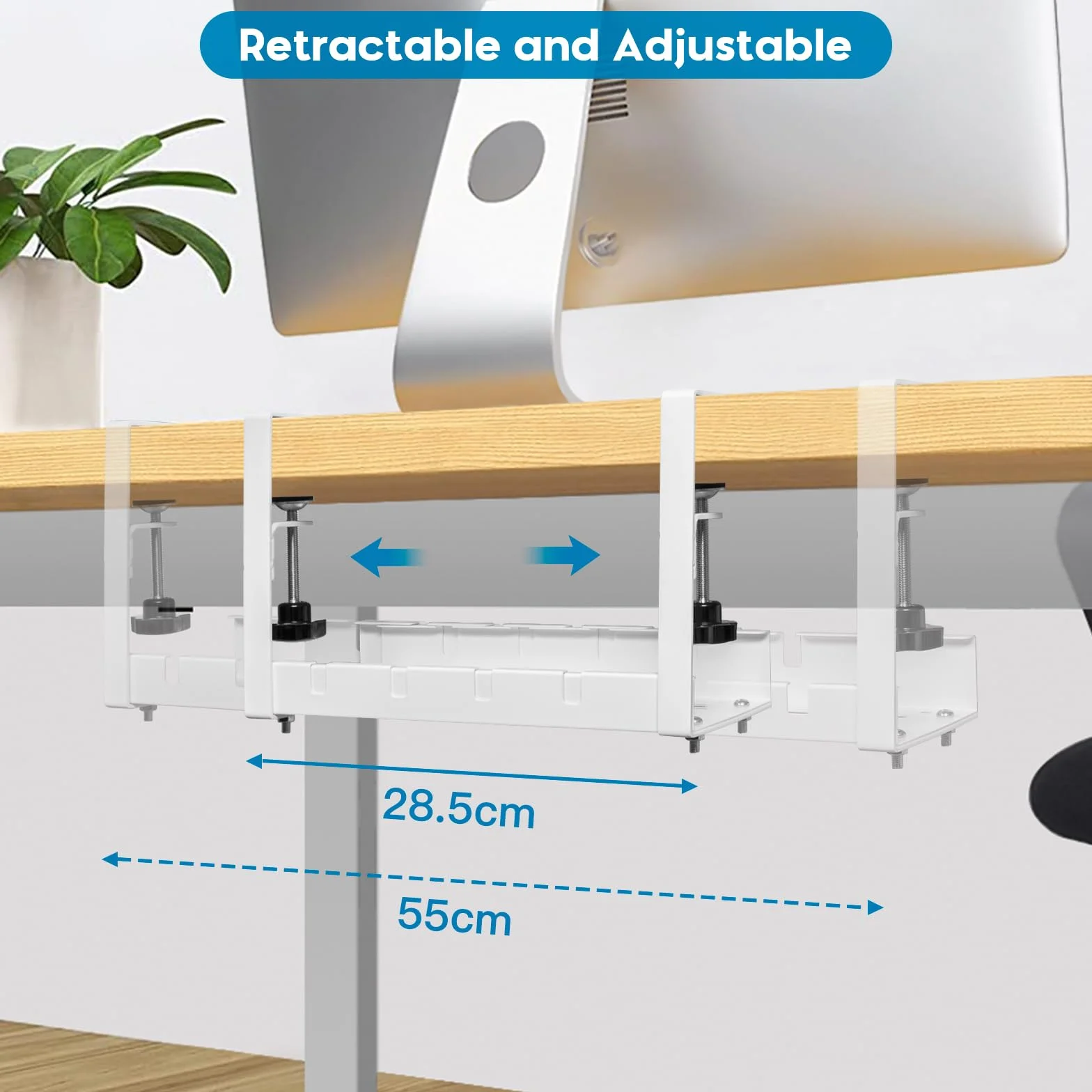 Plateau de Gestion des Câbles Rétractable 28,5-55cm sans Perçage, Passe-Câbles pour Bureau