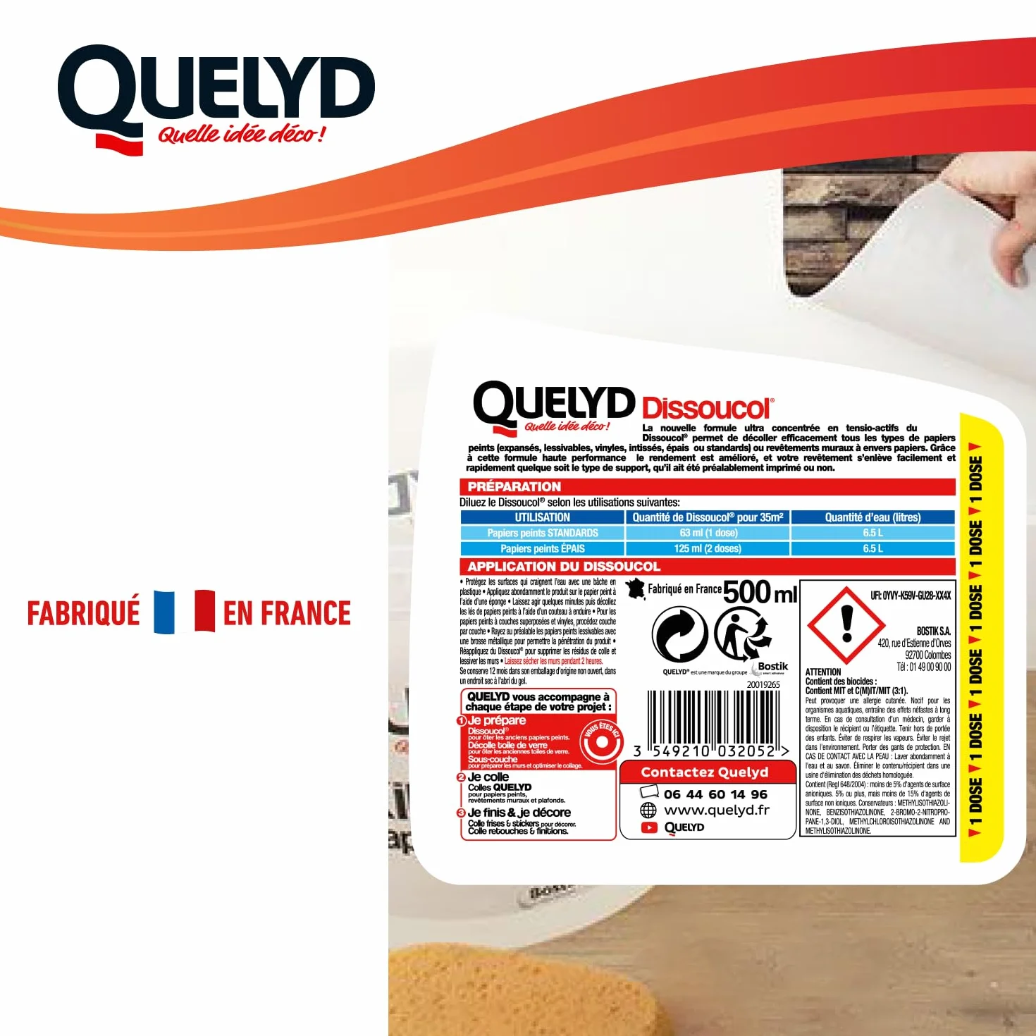 Quelyd Décolleur Papier Peint Dissoucol 500 ml (280 m²) – Efficace en 5 Minutes