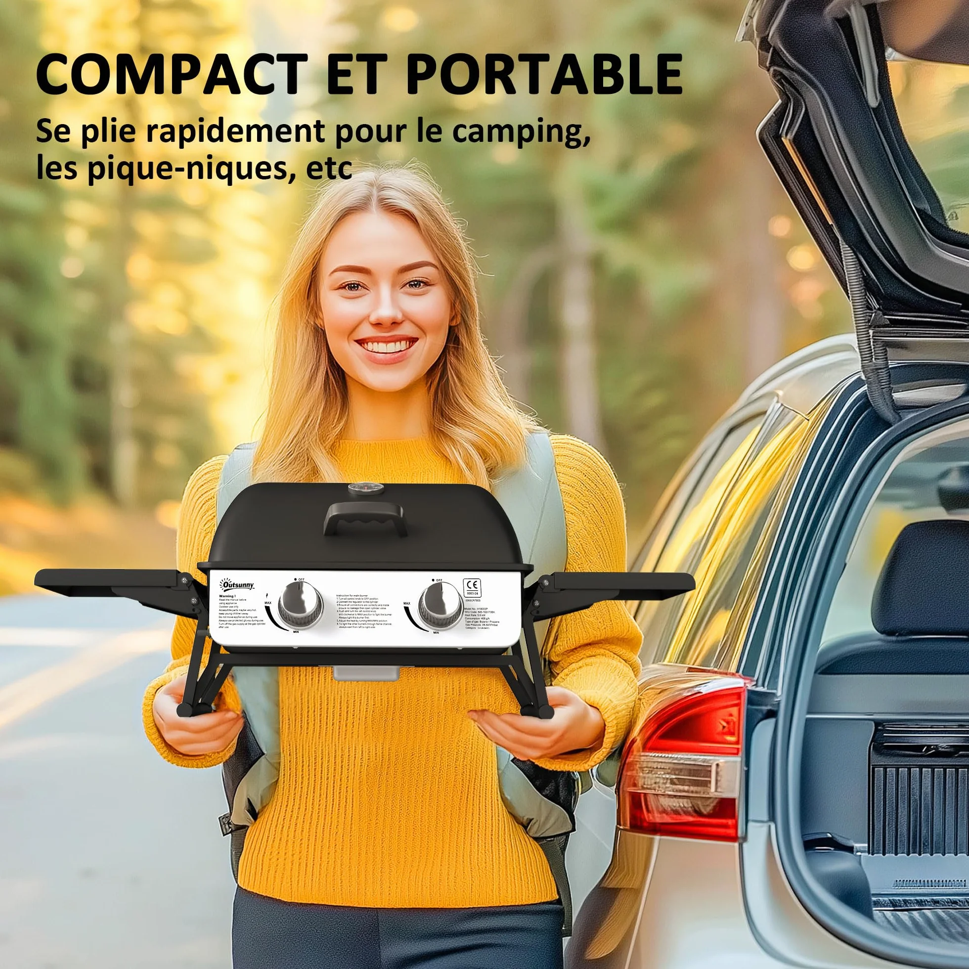Outsunny Barbecue gaz de table transportable 2 brûleurs 5,6 kW avec grille de cuisson noir