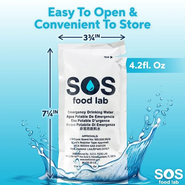 SOS Food Lab Lot de 12 sachets d'eau d'urgence – Durée de conservation 5 ans, approuvé marine américaine