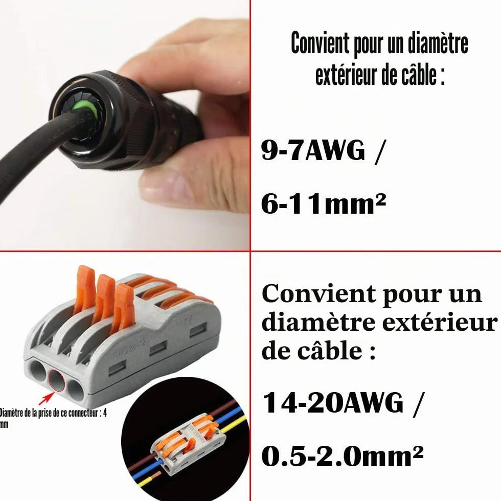 CESFONJER Boîte de Jonction IP68 Imperméable 3 Voies Connecteur Câble Ø 6-11mm 2Pcs Nylon