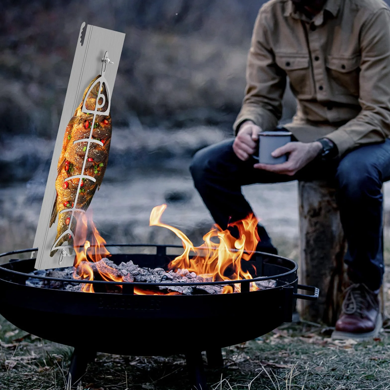Planche à saumon flambée en acier inoxydable pour brasero et barbecue sphérique, réversible 180°, 5 positions