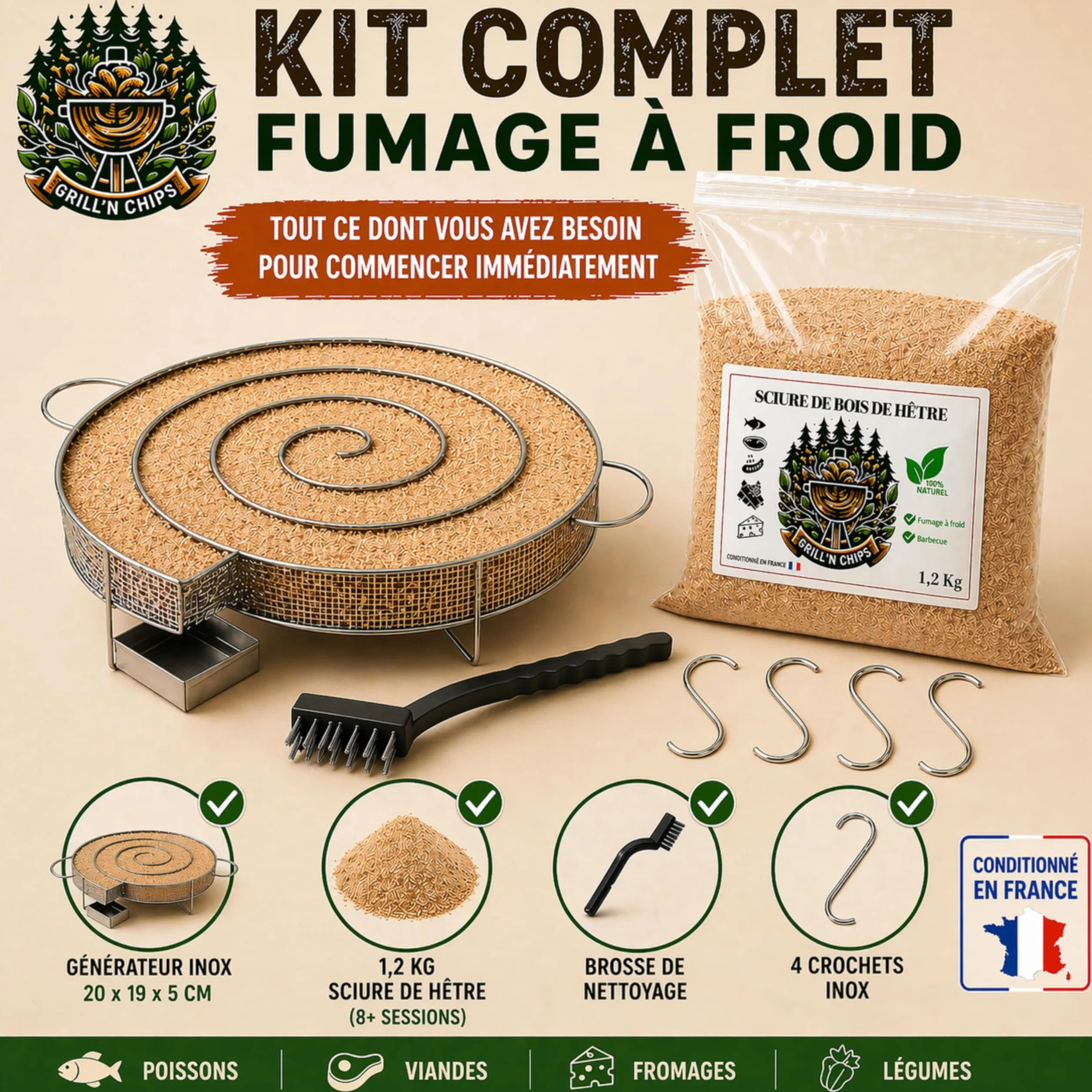 Générateur/Serpentin de Fumée Froide pour Fumoir Viande et Poisson + 1.2kg de Sciure de bois de hêtre + 4 crochets et 1 Brosse de nettoyage - Guide Numérique PDF à Télécharger (Offert)
