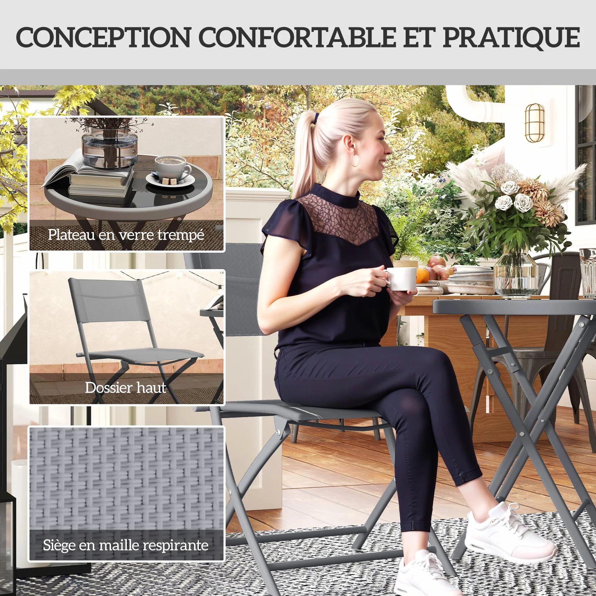 Outsunny Ensemble de bistrot 3 pièces Pliable en métal, 2 chaises et 1 Table Ronde, Salon de Jardin extérieur 2 Personnes, Table de Jardin extérieur avec chaises pour Jardin, terrasse, Balcon, Gris