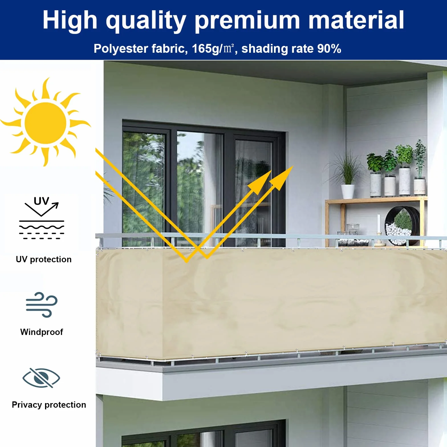 Brise Vue 90x400cm Opaque Résistant à l'eau pour Extérieur Balcon Patio Jardin Terrasse Grillage Beige
