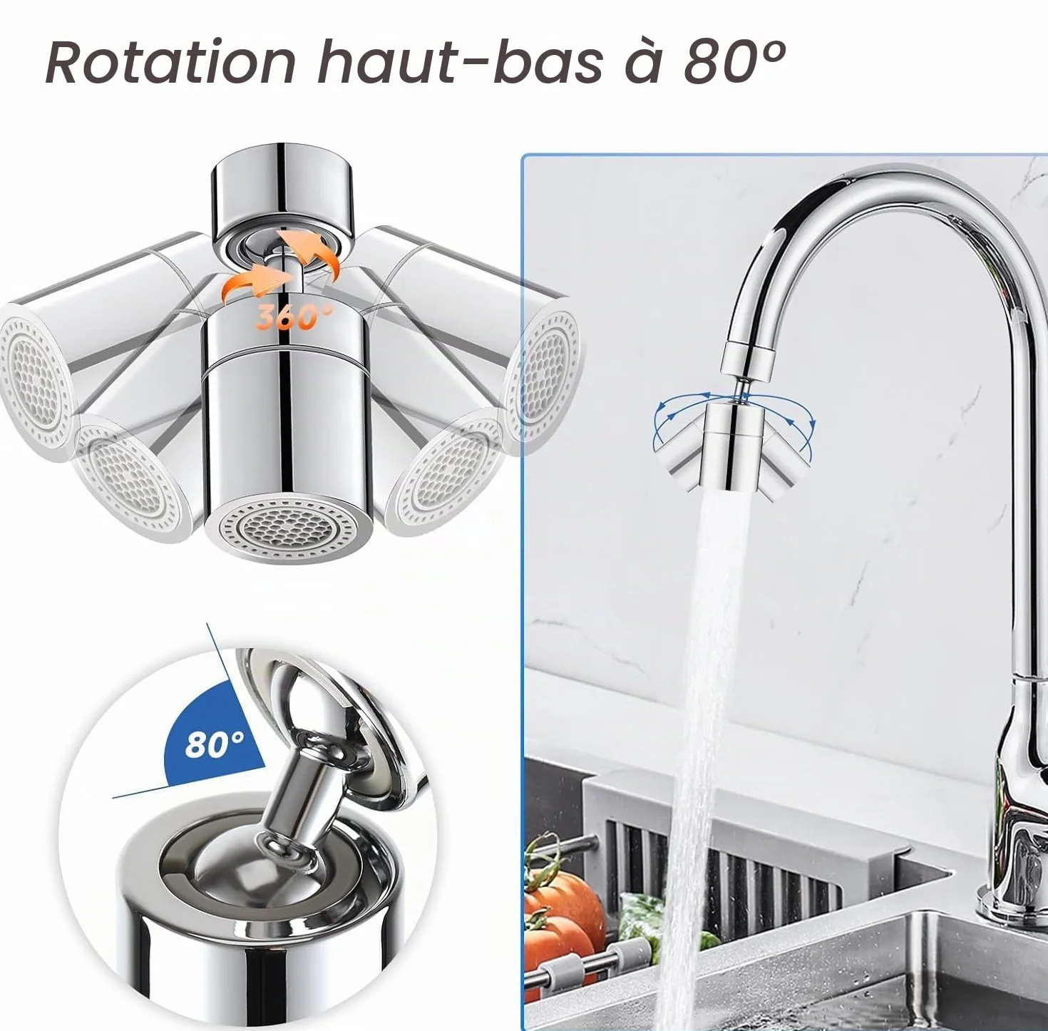 Aérateur de Robinet 360° Pivotant, 2 Modes Mousseur Robinet Economie Eau pour Évier Cuisine Salle de Bain