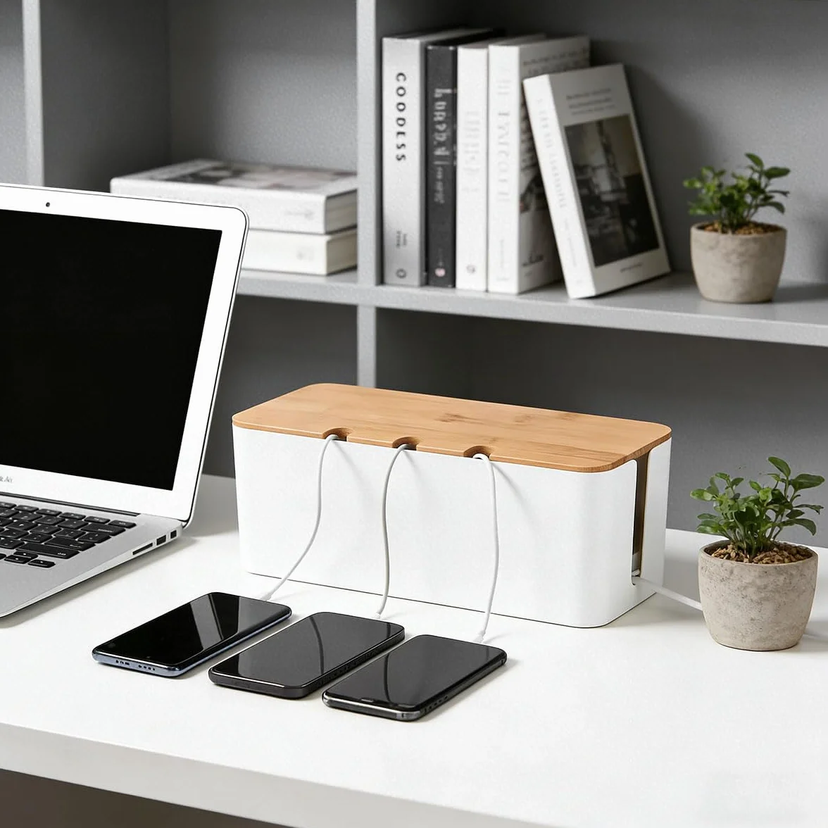Boite Rangement Cable Bambou Lot 3 Blanc Cache Cable Multiprise Organiseur L/M/S