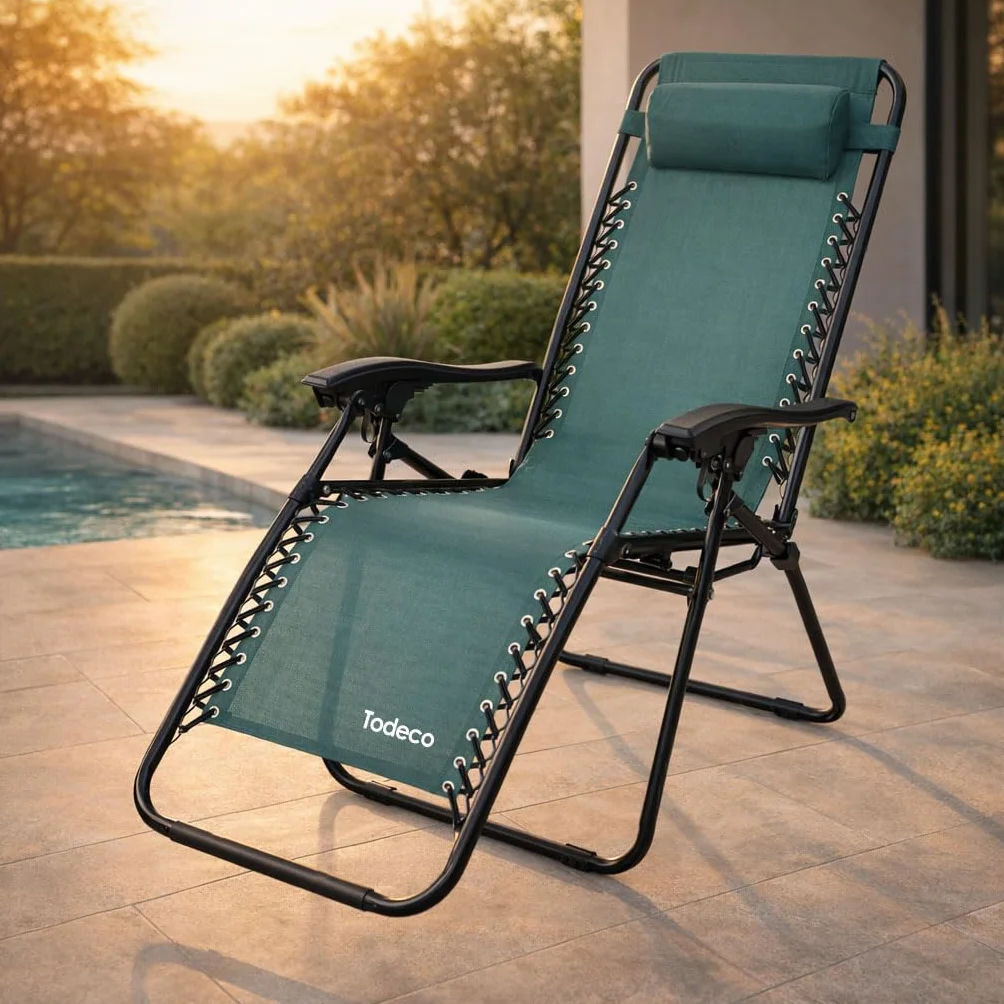 Todeco Chaises Longues Zéro Gravité Pliables en Textilène Respirant avec Repose-Tête, Vert