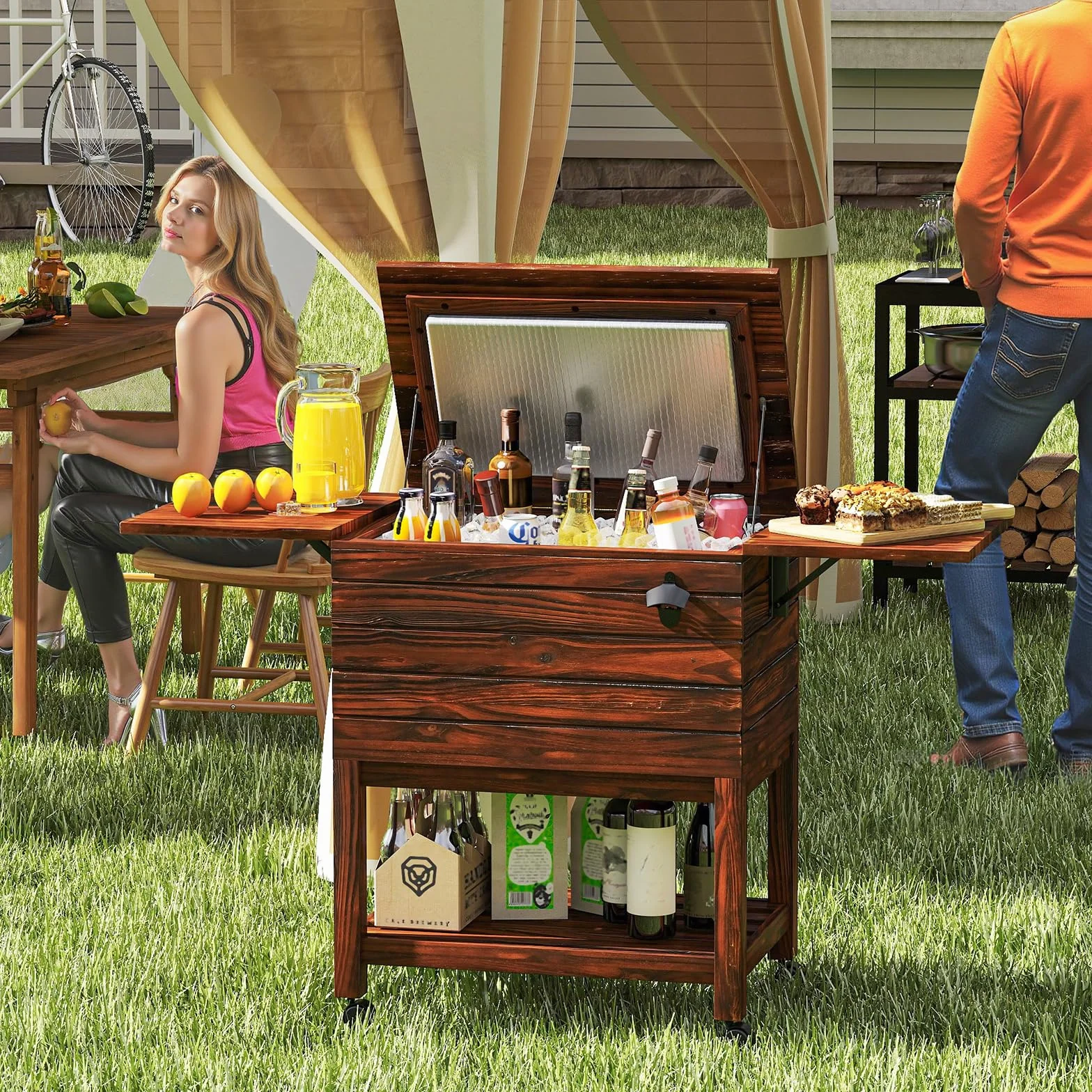 GOPLUS Desserte Glacière Bar Roulante Chariot Jardin 50 L 127 x 42,5 x 74 cm