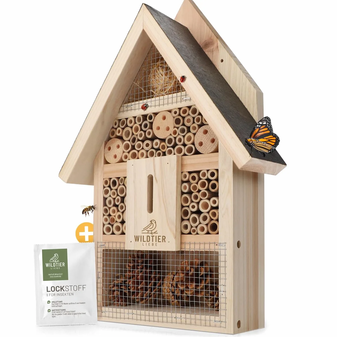 wildtier liebe Hôtel à insectes - Grand hôtel à abeilles non traité avec appât - En bois massif vissé - Maison à insectes pour abeilles, coccinelles et papillons
