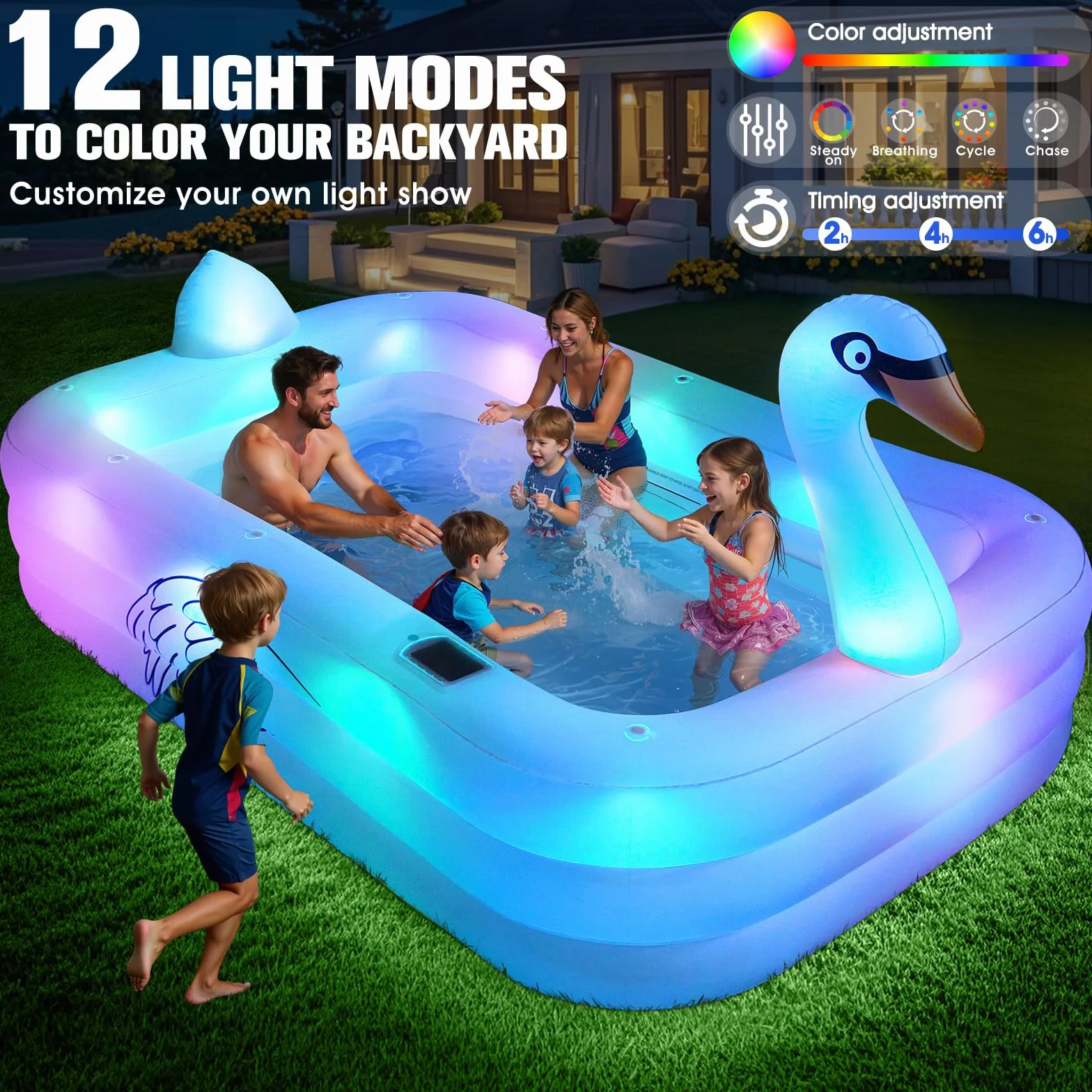 ChlorBlu Piscine Gonflable avec Lumières 255x160x50cm Rectangulaire pour Enfants et Famille