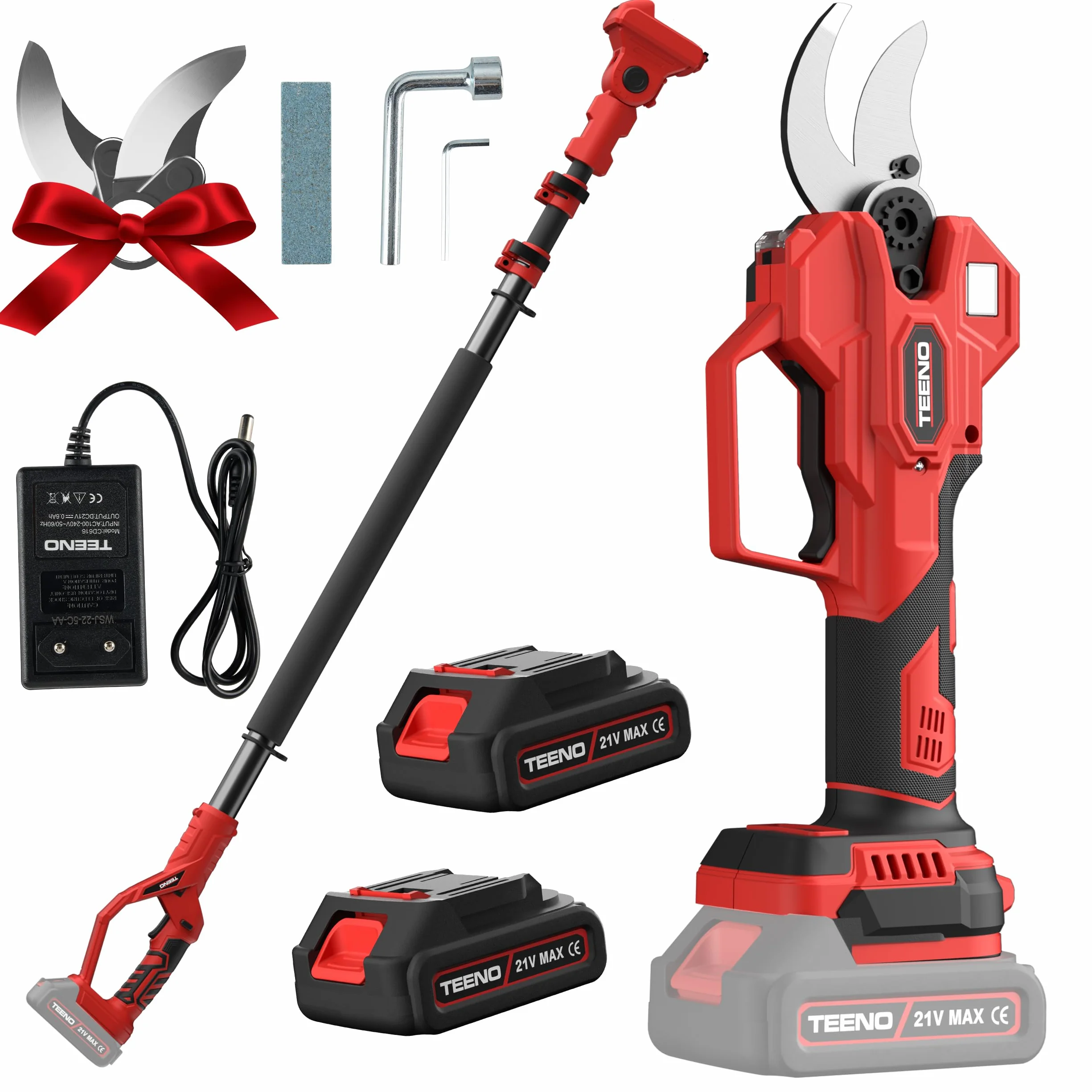 TEENO 2-en-1 Sécateur électrique avec perche télescopique, 40MM Secateur electrique sans fil 4000mAh avec Écran, 2 Batteries de 2.0Ah, our le jardinage, les arbres fruitiers
