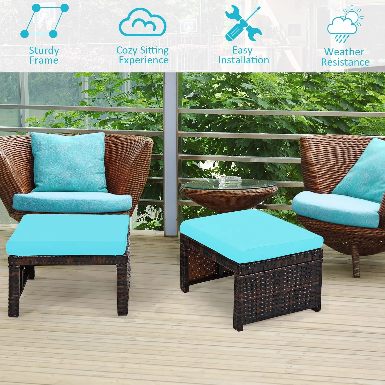 GIANTEX Lot de 2 Tabourets en Rotin de Jardin, Repose-Pieds pour Chaises Longues avec Coussin Imperméable Amovible, Poufs pour Siège de Jardin, Patio, Terrasse, 49 x 40 x 33 CM (Turquoise)