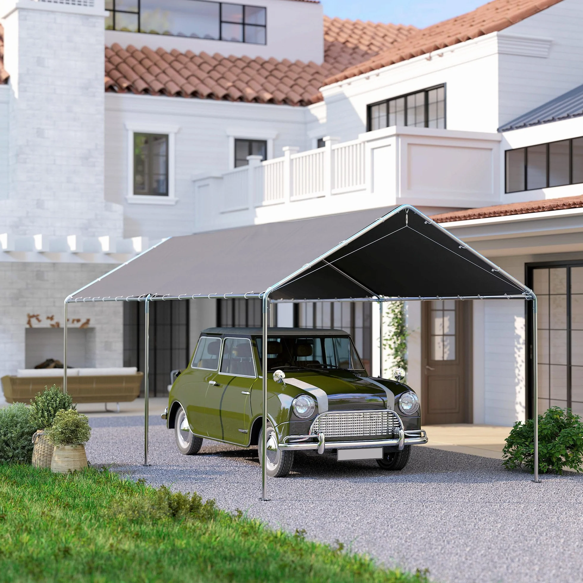 Outsunny Carport 6x3 m Acier galvanisé Toit PE Gris