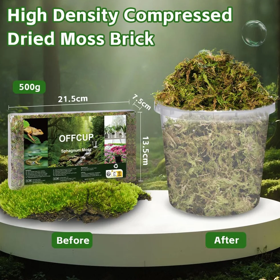 OFFCUP 500g Sphaigne pour Plante, Sphaigne Fraîche Compressée pour Orchidées Mélange Pot, Mousse Naturelle pour Reptiles, Tuteur en Sphaignes Substrat de Culture Naturel (500g)