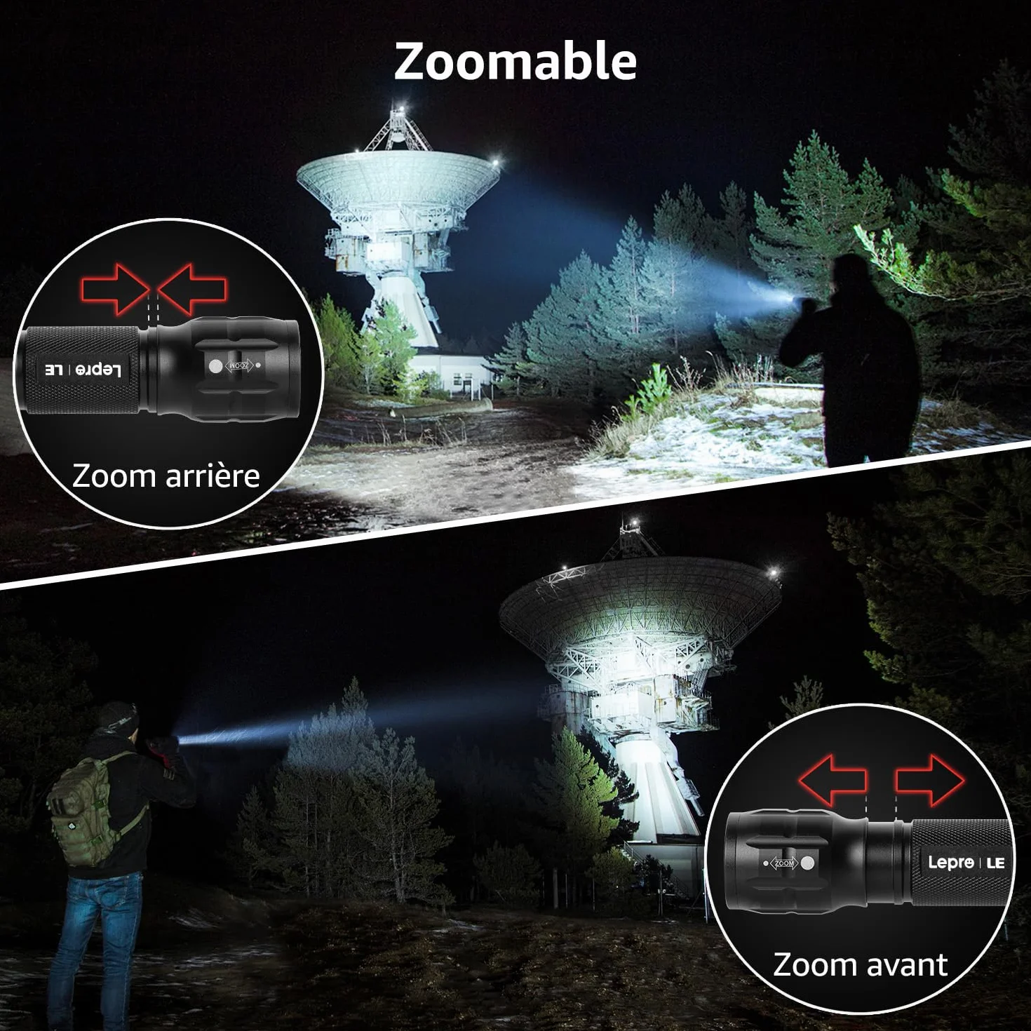 Lepro Lampe Torche L8000 Puissante LED Militaire Zoomable Étanche IPX4 Aluminium Camping Randonnée