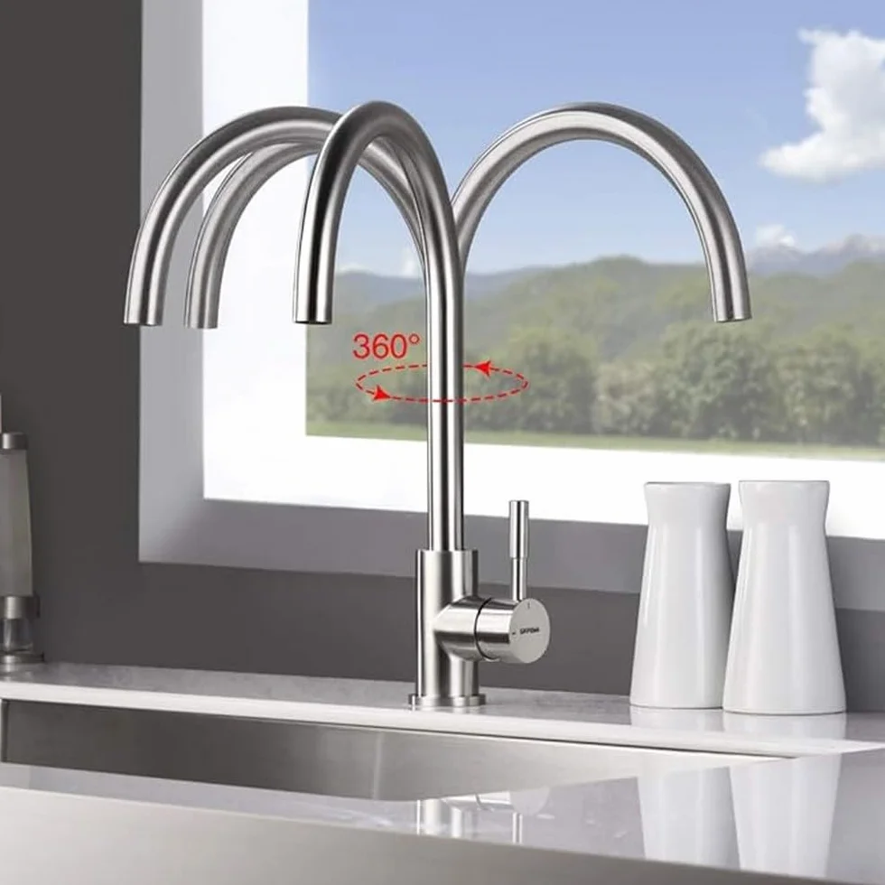 GRIFEMA G4008 Robinet de Cuisine Mitigeur Évier à Poignée Unique, Arc Élevé 360, Acier Inoxydable
