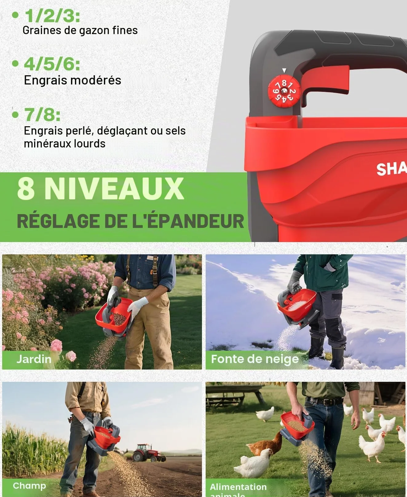 Shall Semoir Universel à Batterie Rechargeable, épandeur d'engrais électrique 7,2 V, adapté au salage des Routes, au déneigement et à l'ensemencement, Batterie et Chargeur Inclus