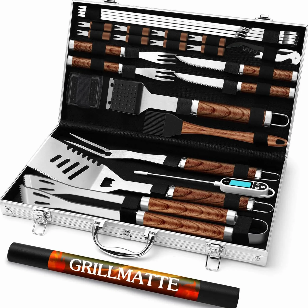 Grilliance Kit d'accessoires pour Barbecue Professionnel, 26 pièces en Acier Inoxydable avec Boîtier Aluminium Marron