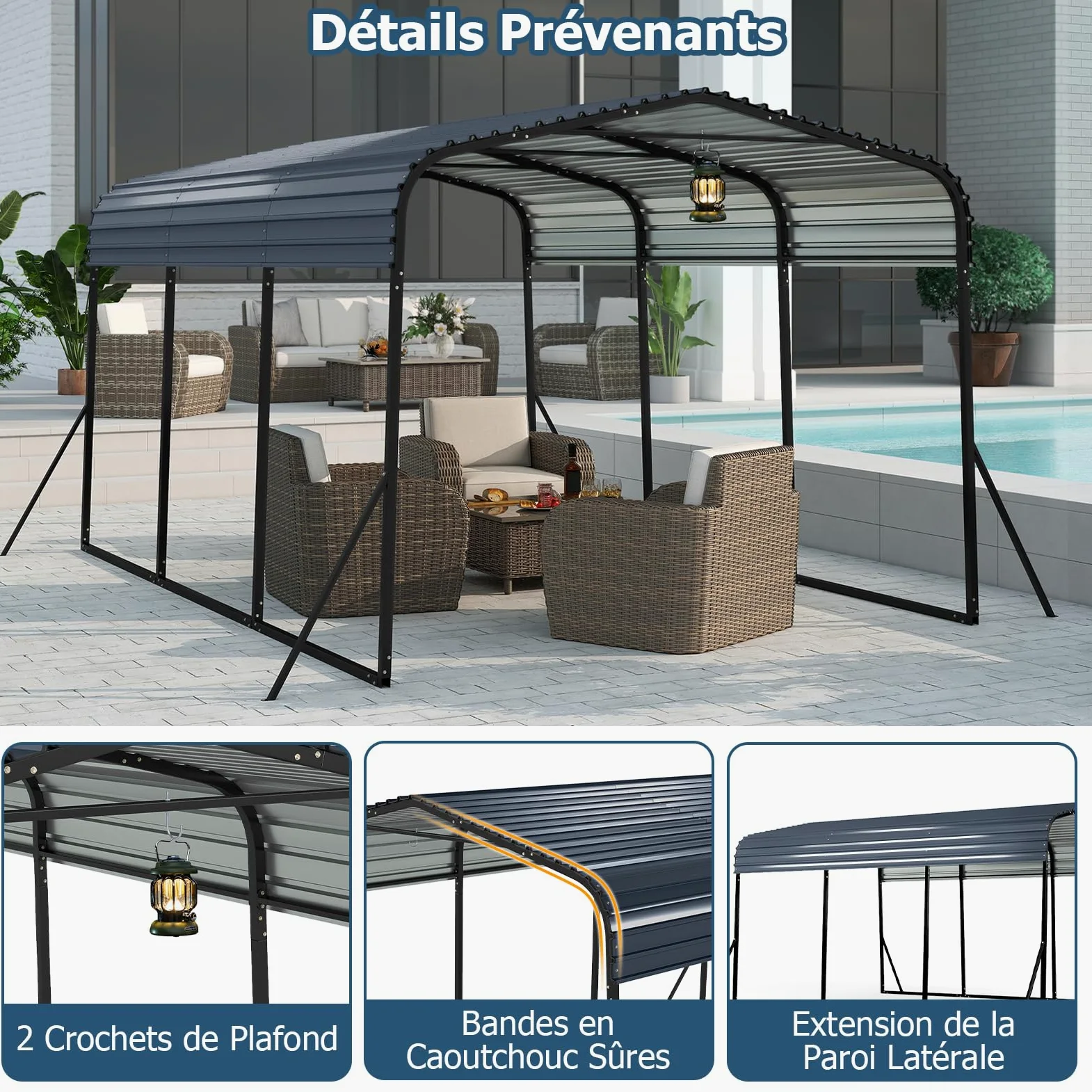 GOPLUS Grand Abri de Voiture en Métal, 440 x 300 x 250 cm, Toit Rigide, 4 Pieds Inclinés et Ancrages Extérieurs, Tente Carpot pour Voiture pour Camions, Tracteurs, SUV