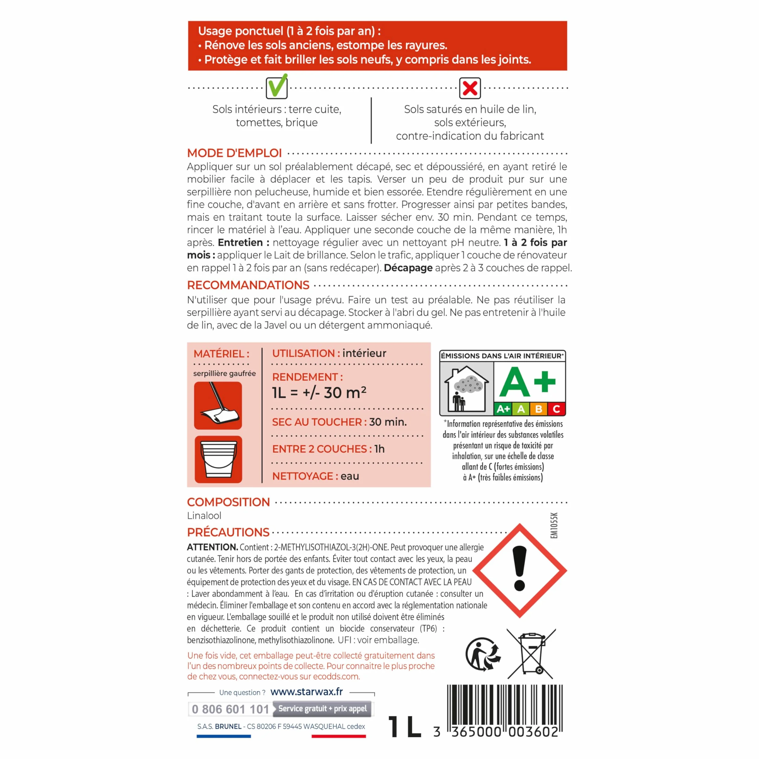 STARWAX Rénovateur Brillant Protecteur Tomettes et Terres Cuites 1L 30m²