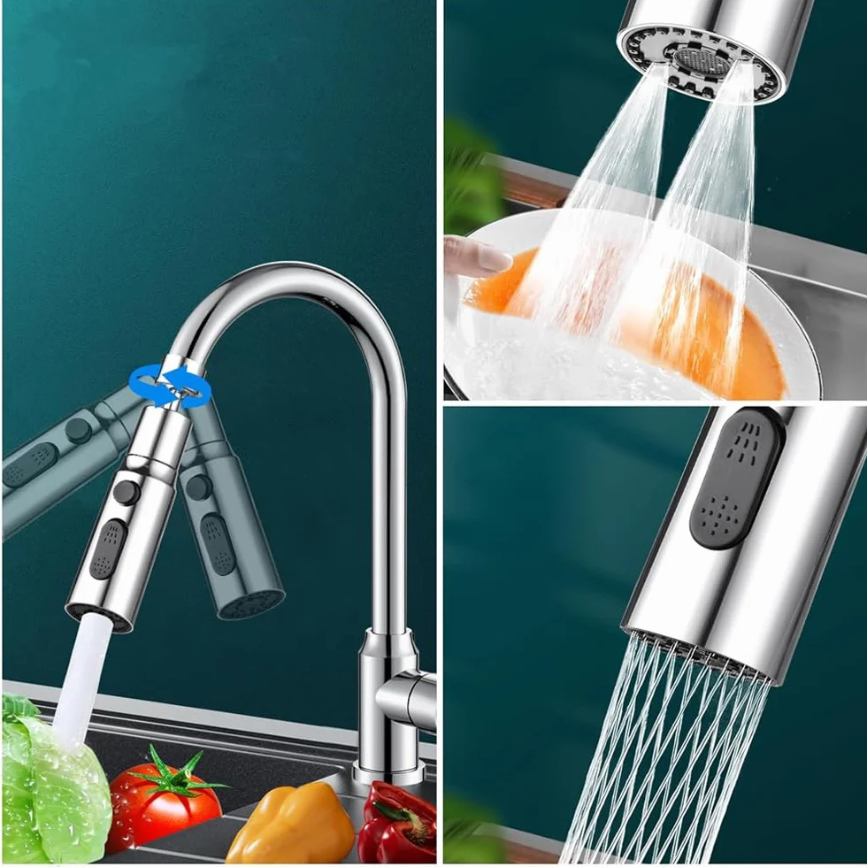 Tête de Pulvérisation de Robinet de Cuisine 3 Modes Brise Jet Embout avec Aérateur Douchette Évier 360 Degrés Argent