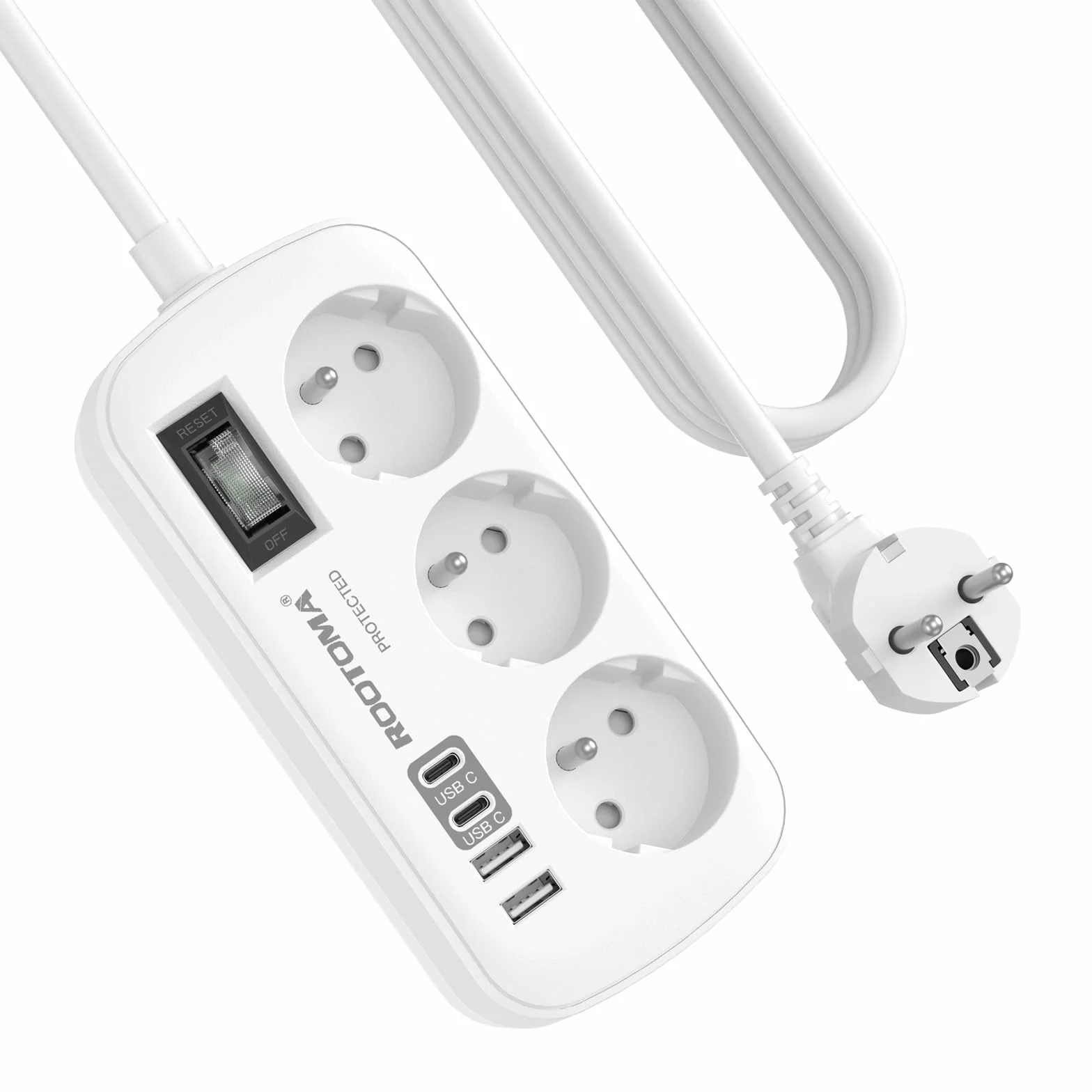 Multiprise 3 Prises 4 USB 2 USB-C Parafoudre Surtension Interrupteur Câble 1,5 m Fixation Murale Blanc 16A 4000W