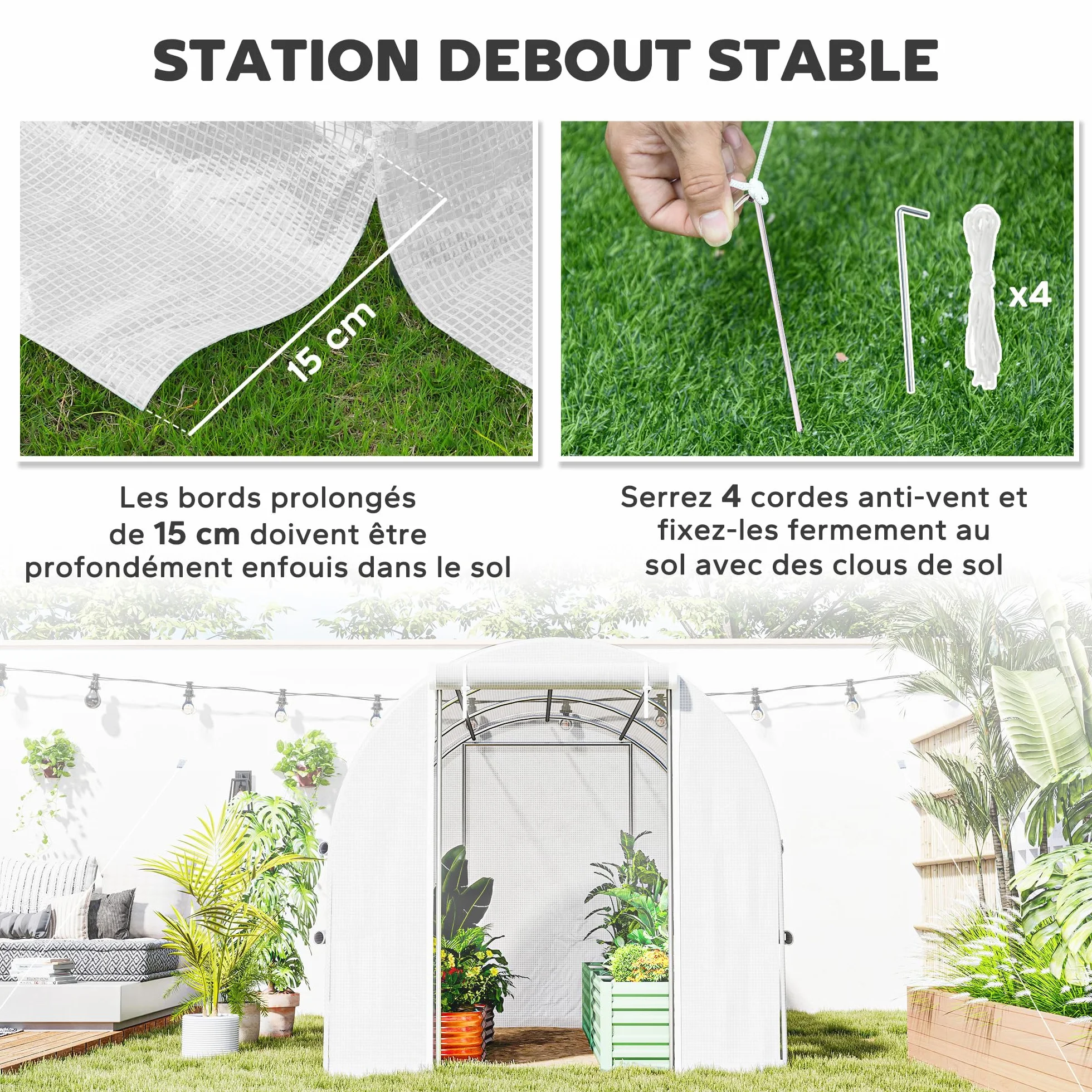 Outsunny Serre de Jardin Tunnel, Serre Tunnel 6 m² avec 6 fenêtres et 1 Porte Enroulable, Toile PE Structure en Acier galvanisé, Blanc