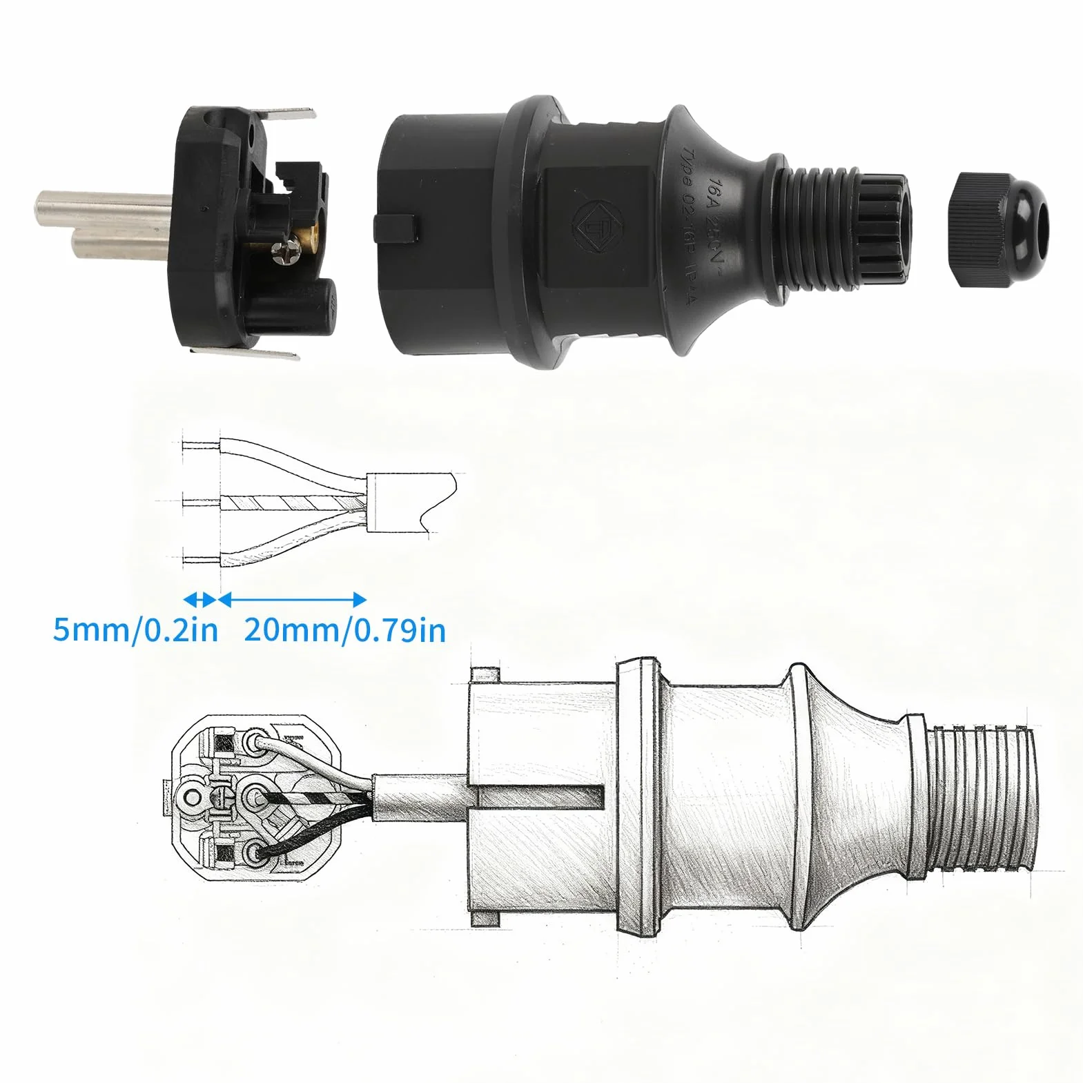 Fiches Mâles 250V 16A Prise Électrique Mâle de Sécurité avec Protection Connecteur Câbles d'Alimentation