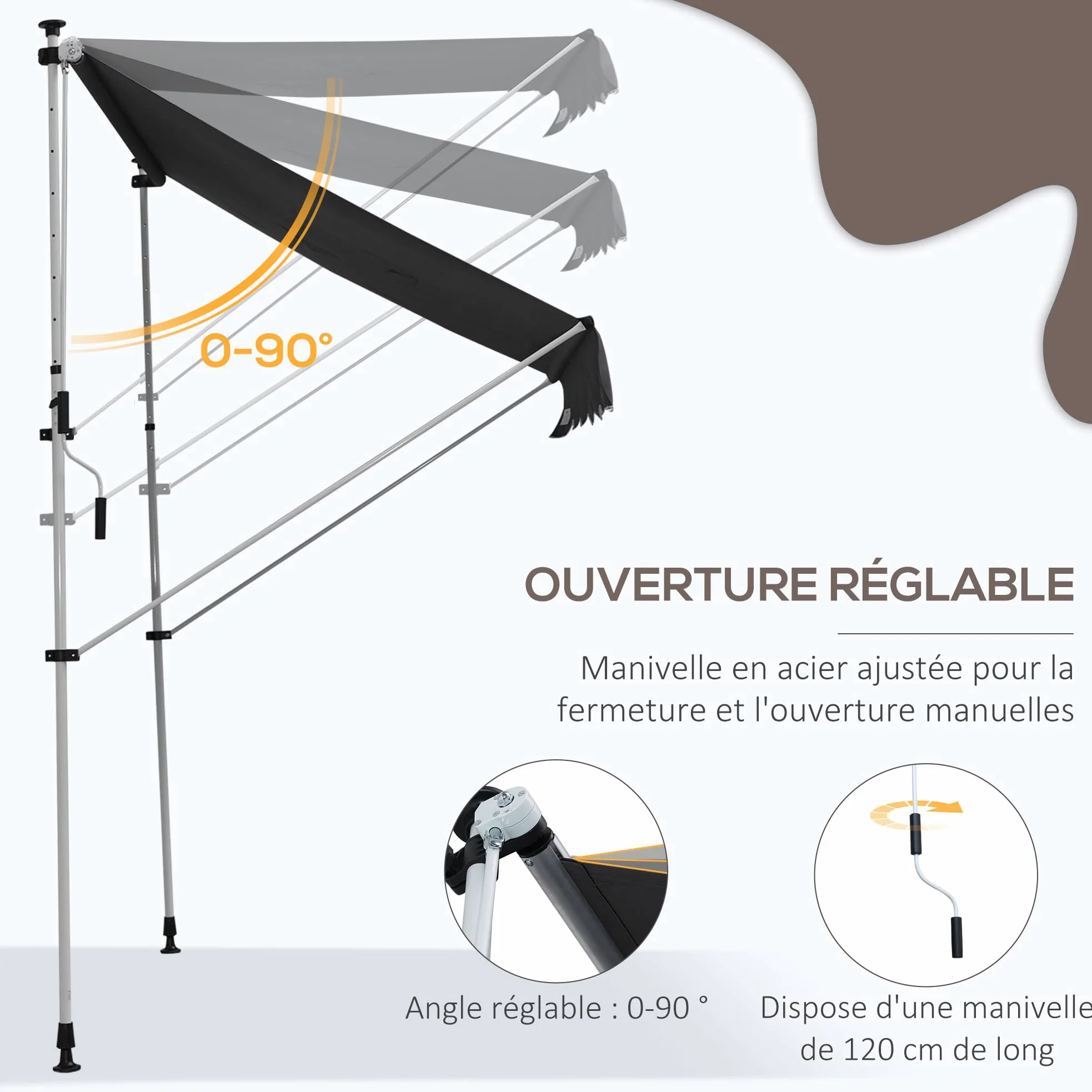 Outsunny Store banne Manuel rétractable 2L x 1,5l x 1,7-2,8H m Inclinaison réglable Installation Rapide Store banne sans perçage pour Balcon métal Aluminium Polyester Gris