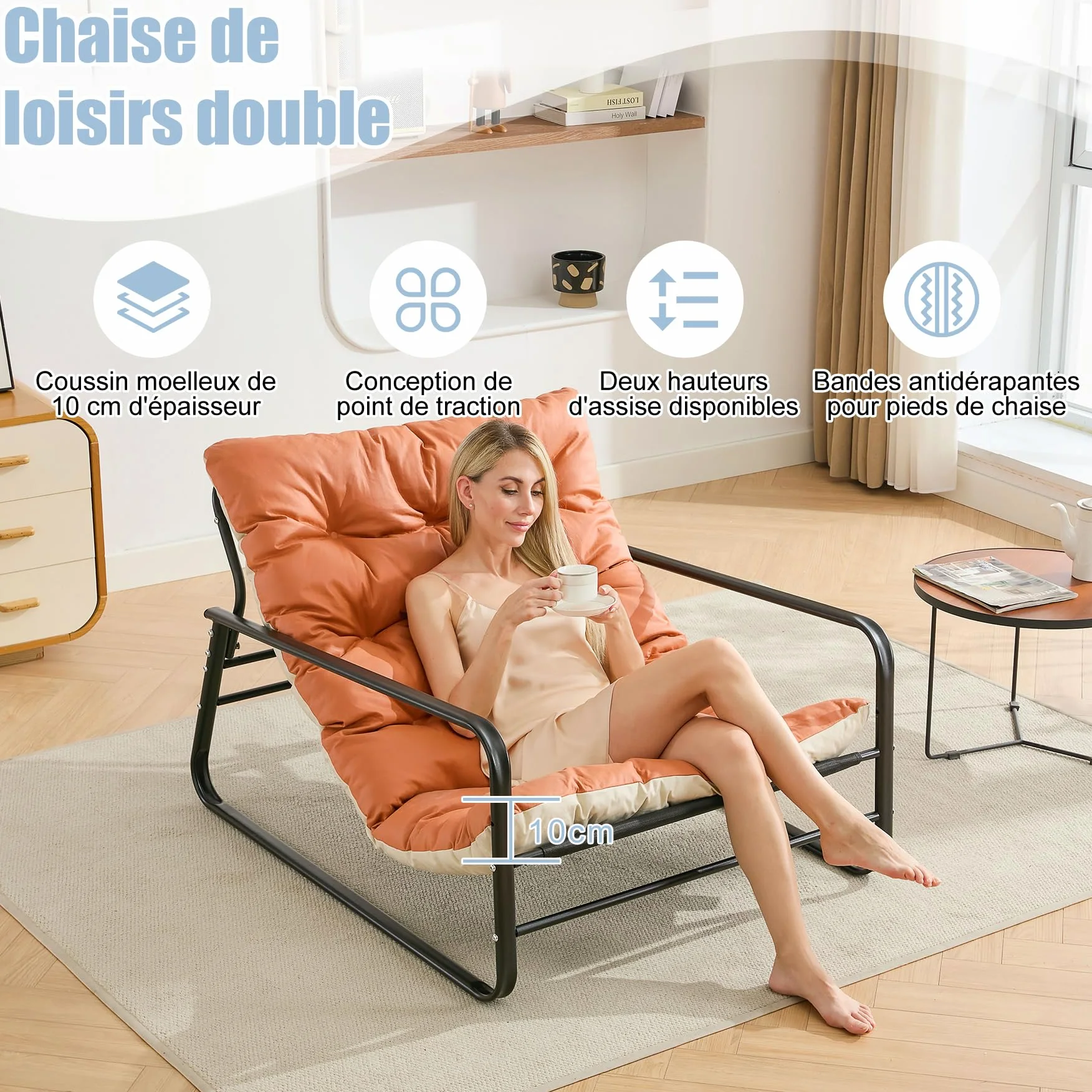 Fauteuil Jardin Exterieur avec Coussin réversible, Imperméable, Anti-Rouille rembourrée en Acier pour 2 Personnes pour Terrasse Salon Balcon- Capacité de Charge maximale de 160 kg, Orange et Beige