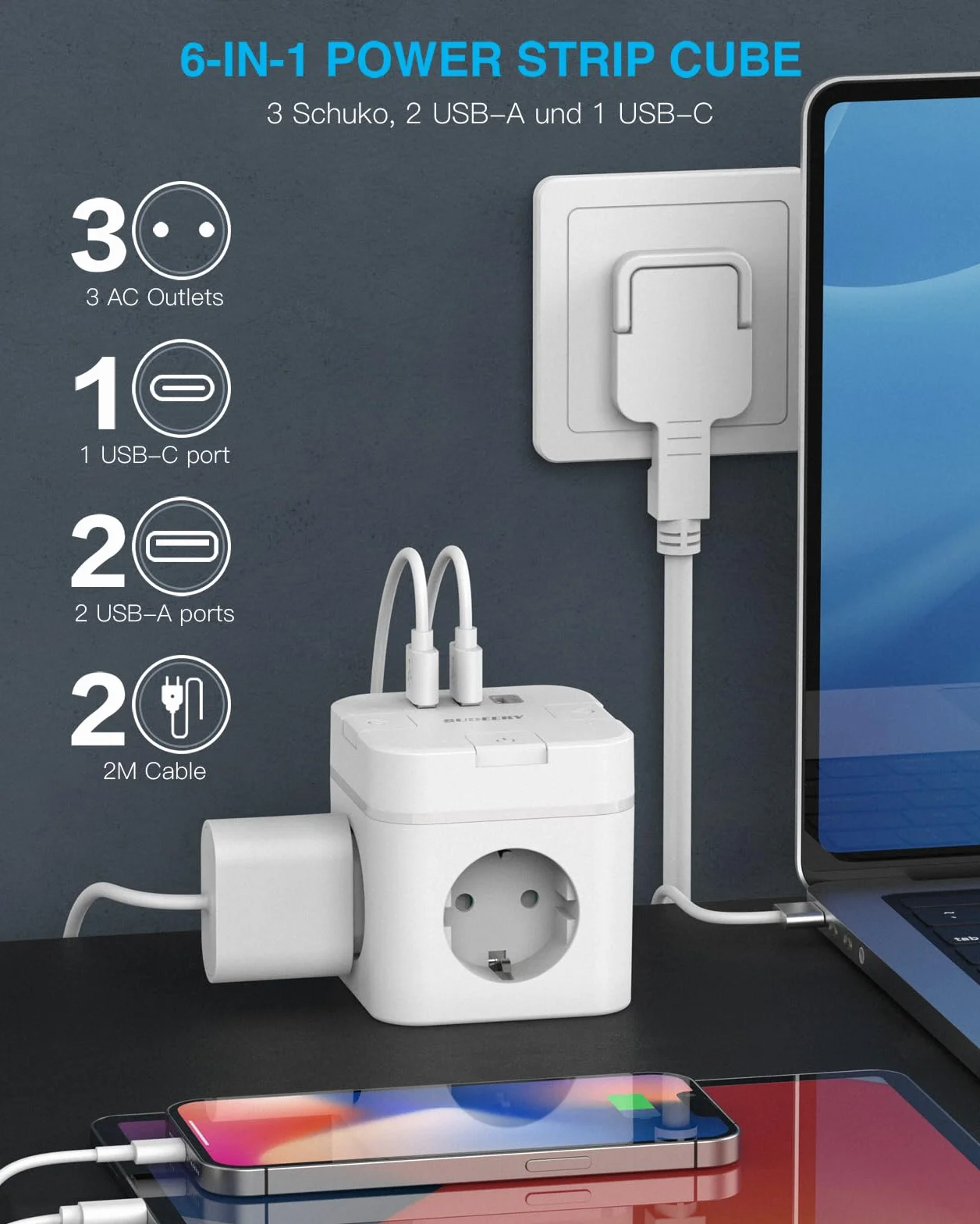 SUDEERY Cube de prise 6 en 1 avec USB C, 3 prises, prise plate, câble 2 m, multiprise USB type C, blanc