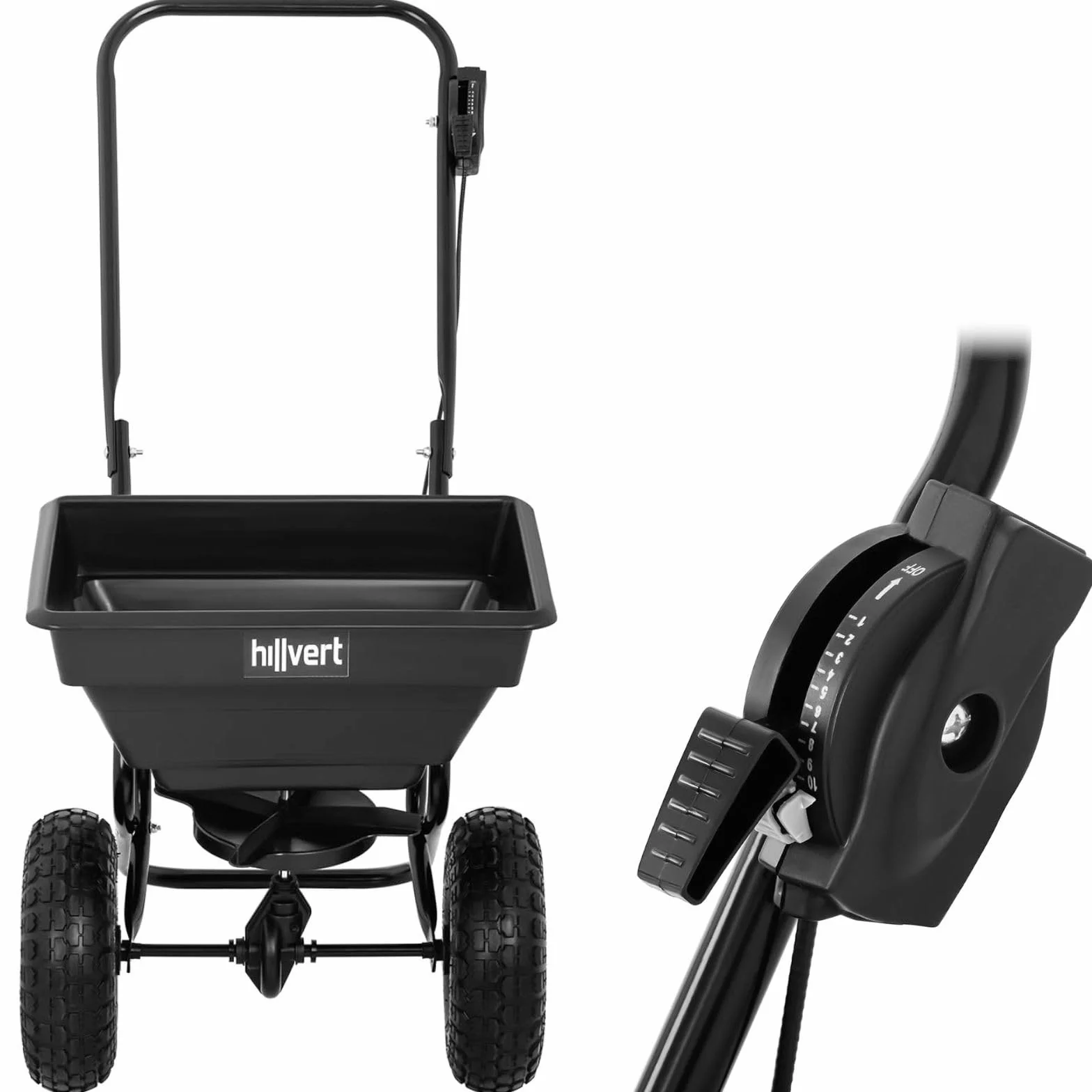 Épandeur Rotatif Manuel À Engrais Gazon Sel Chaux pour Pelouse Sable À Pousser HT-Temple-1 (Volume 15 l, Portée 1-3 m, Produit ø 18 mm Max., Capacité de Charge 136 kg, Acier/PP)