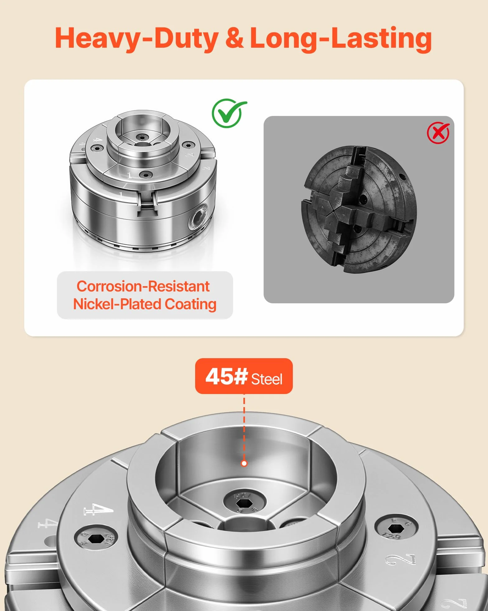 Mandrin de Tour à Bois 102 mm 4 Mors Autocentrant Engrenage Conique avec Adaptateur 1" x 8 TPI, Mâchoire Ronde et Étagée, Acier Finition Nickelée