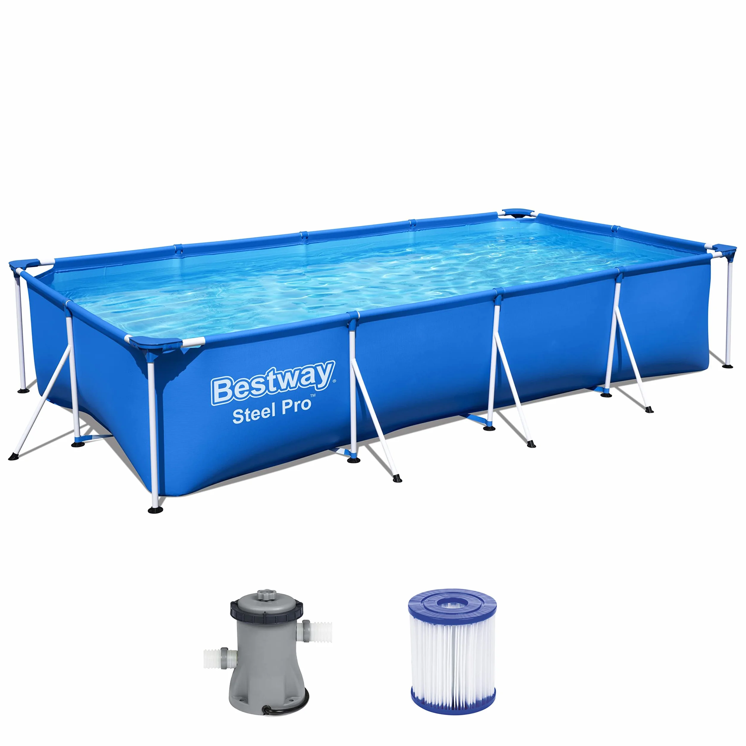 Bestway Steel Pro Piscine rectangulaire enfant cadre acier pompe filtrante 400 x 211 x 81 cm Bleu