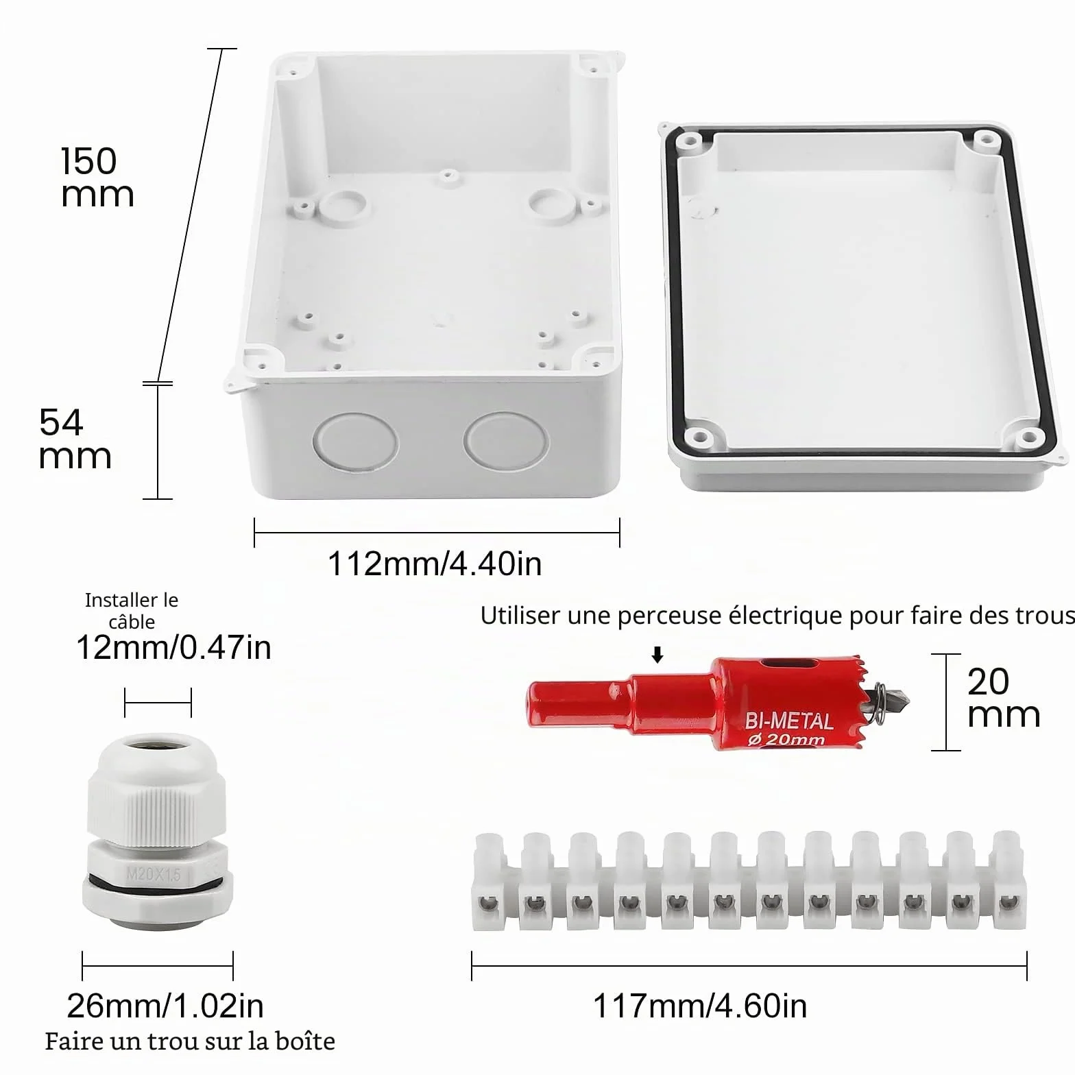 Boîte de Dérivation Étanche IP65 150x110x70mm Carrée Blanc avec Passe Cable Ø6-12 mm