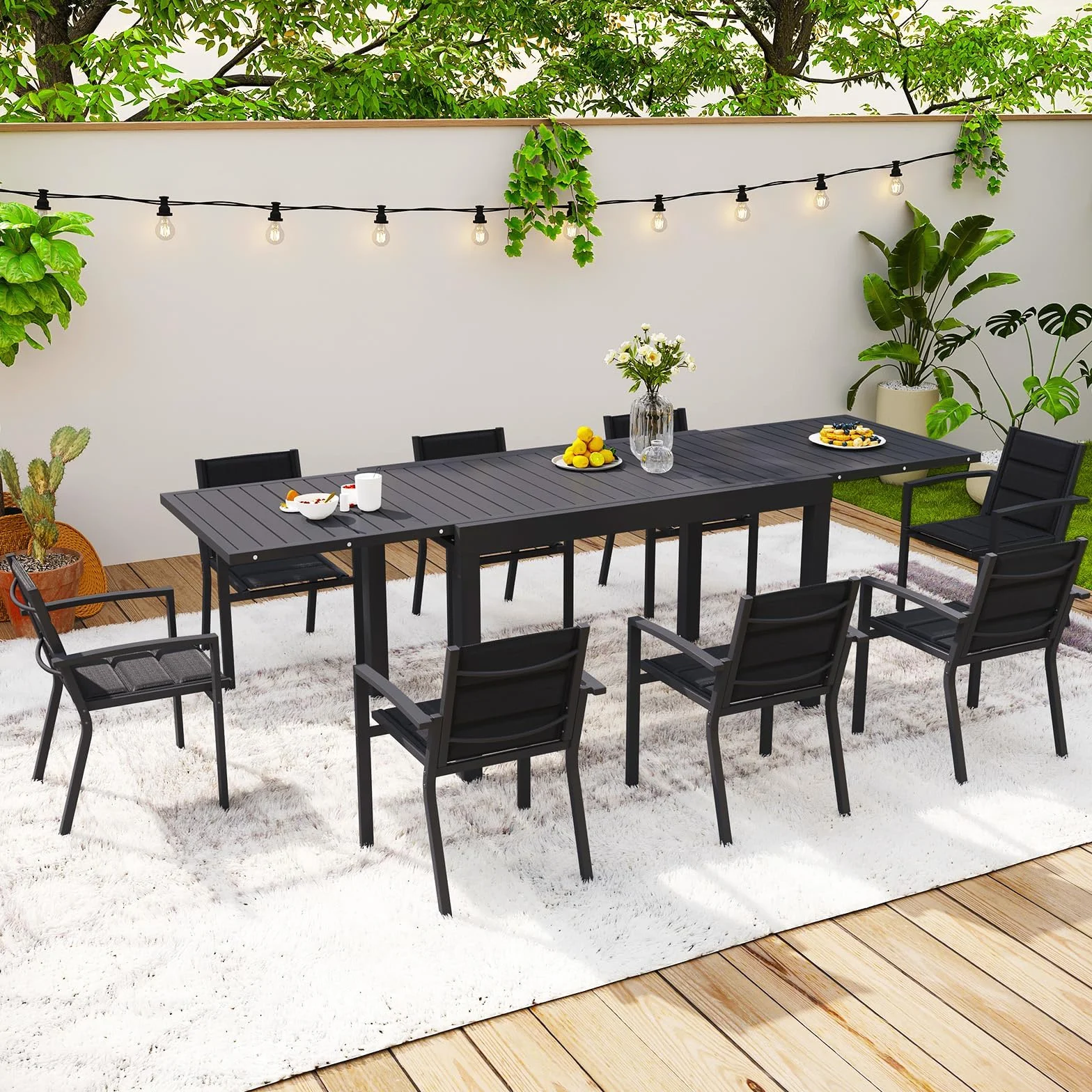 Devoko Salon de Jardin Exterieur 8 Personnes, 8+1 Mobilier de Jardin Aluminium, 8 Chaise Empilable Aluminium et 1 130CM-260CM Table de Jardin Extensible, Gris Foncé