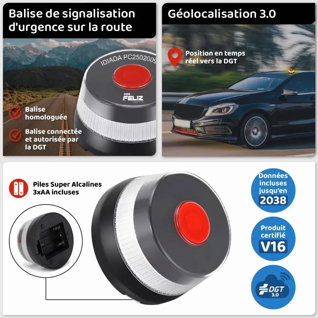 Gyrophare LED V16 Homologué DGT Espagne Balise Voiture Secours Géolocalisation Connexion Jusqu'en 2038 Base Magnétique Étanche IP54