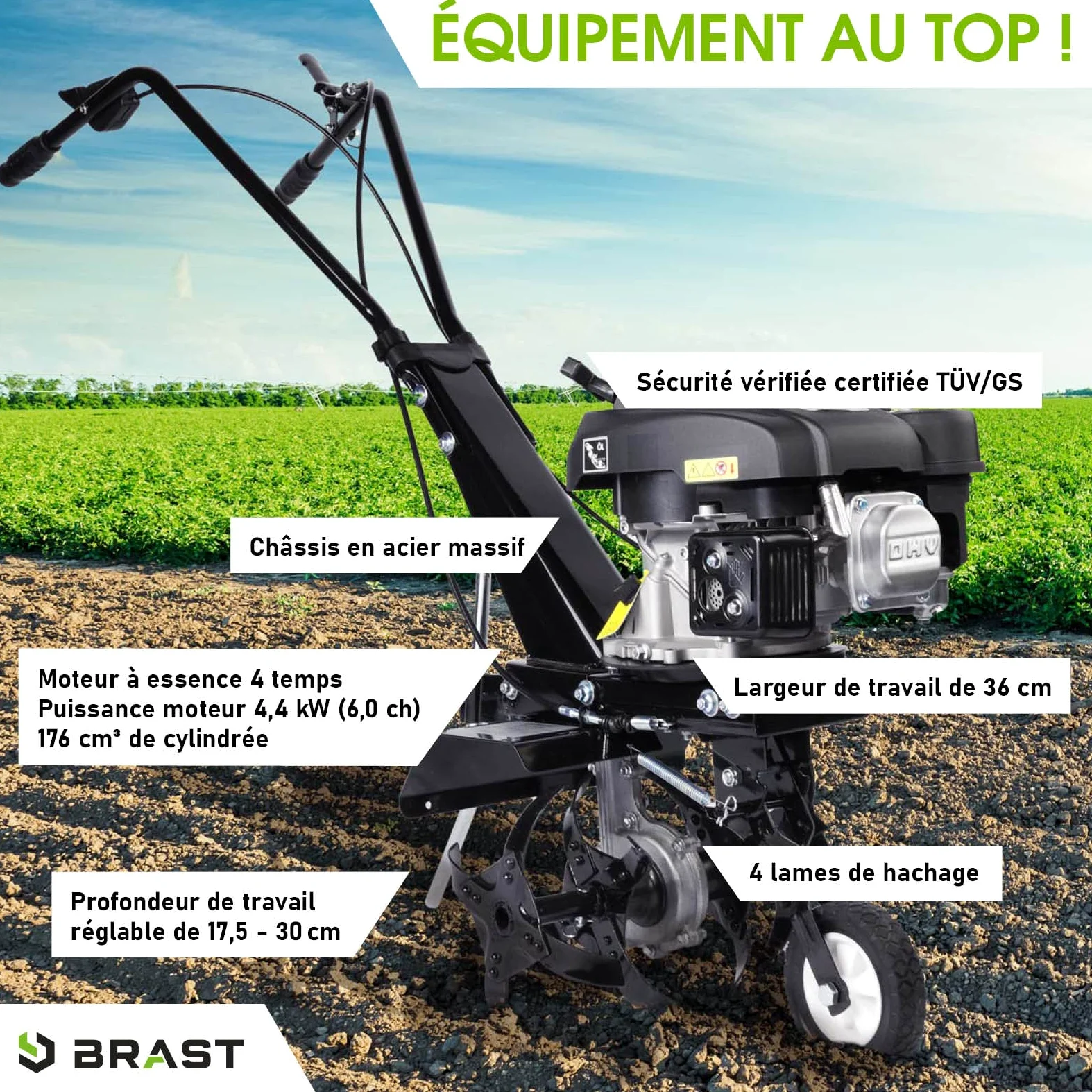 BRAST motobineuse thermique 176ccm 6CV 4,4kW largeur 36cm, profondeur 17,5-30cm 4 fraises autoconduite commutable vitesse nominale 3 600 tr/min motoculteur thermique 4 temps