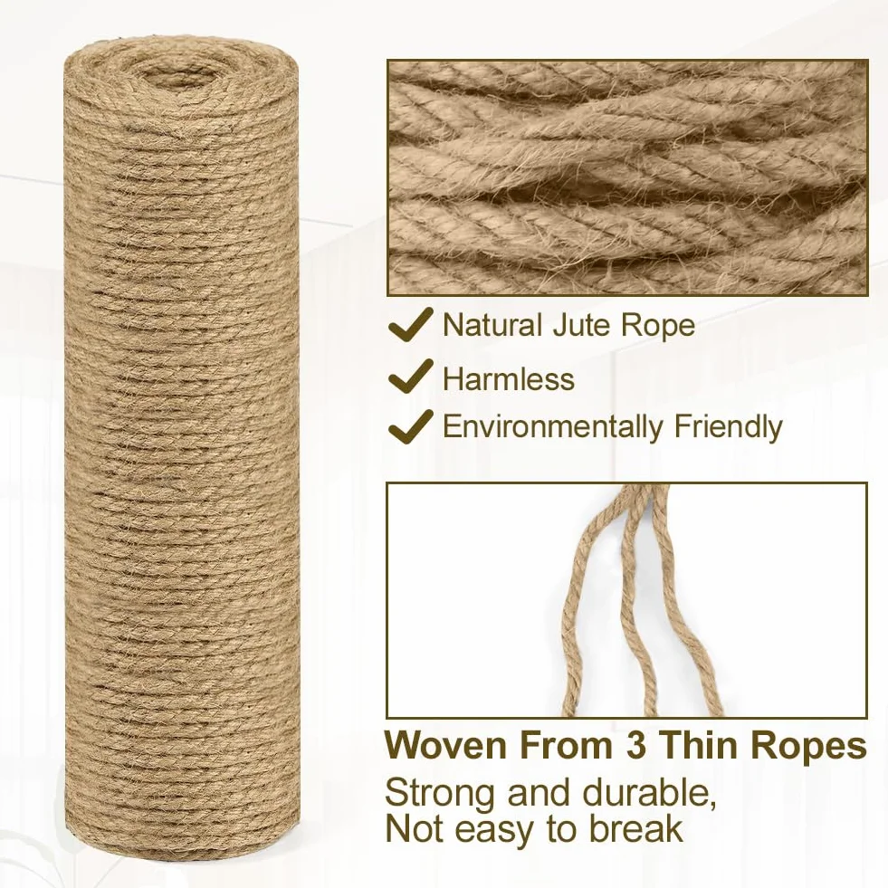 Corde de Jute Naturelle 50m x 3mm, Ficelle Jardinage Robuste 3 Brins Tressés, Sûre pour Griffeur Chat, Bricolage & Décoration Intérieur/Extérieur, Emballage Cadeau & Fleuristerie