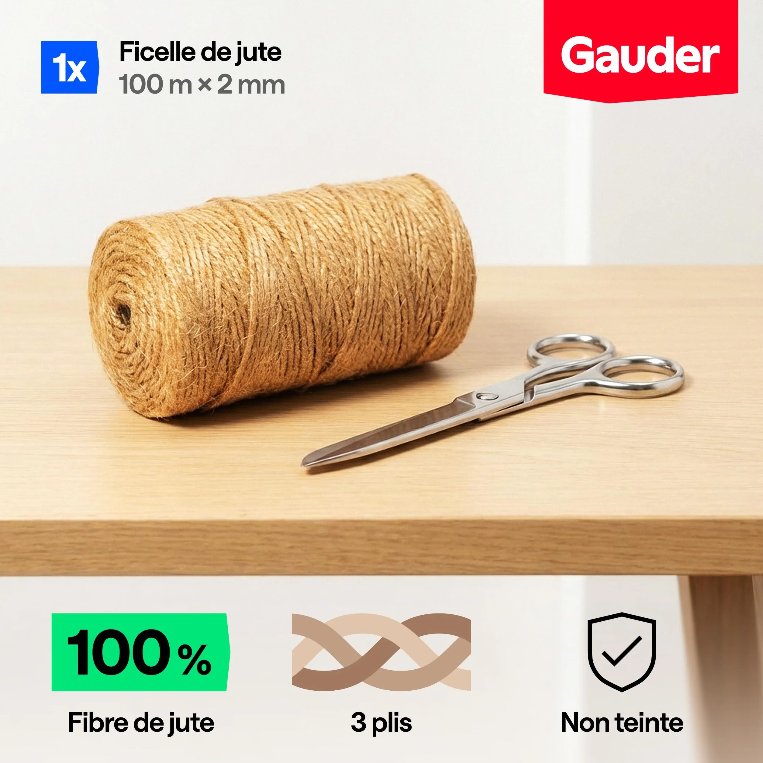 GAUDER Ficelle de Jute Naturelle (100 m x 2 mm) – Corde de Jardin & Lien pour Plantes – Fil de Jute pour macramé & DIY – Ficelle d'emballage – Décoration Naturelle